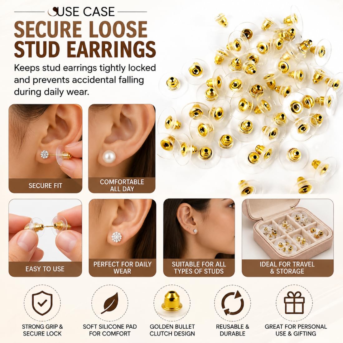 Tia Crafts Golden Bullet Clutch Earring Backs with Silicone Pad | Stopper for Studs | Silicone Earring Backs Support for Heavy Earrings | Rubber Ear Back Stopper Button Support for Women & Girls | Pack of 200 pcs 2