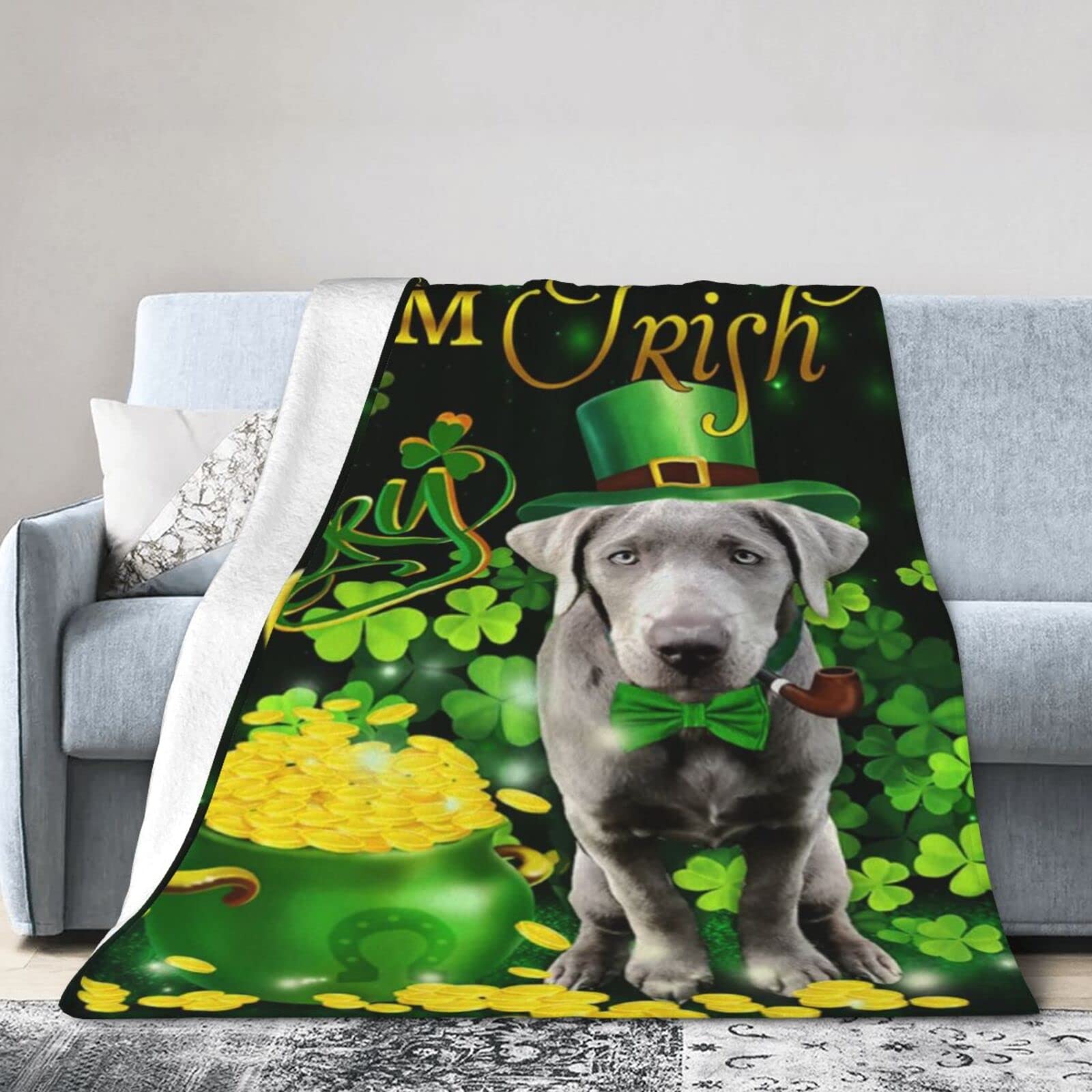 Lsjuee Flannel Fleece Blanket 50"X40" Silver Labrador Kiss Me I‘m Irish St. Patrick‘s Day Sofa Throw Blanket Lightweight Ultra-Soft Travel Spring Blankets for Mens Keep Warm