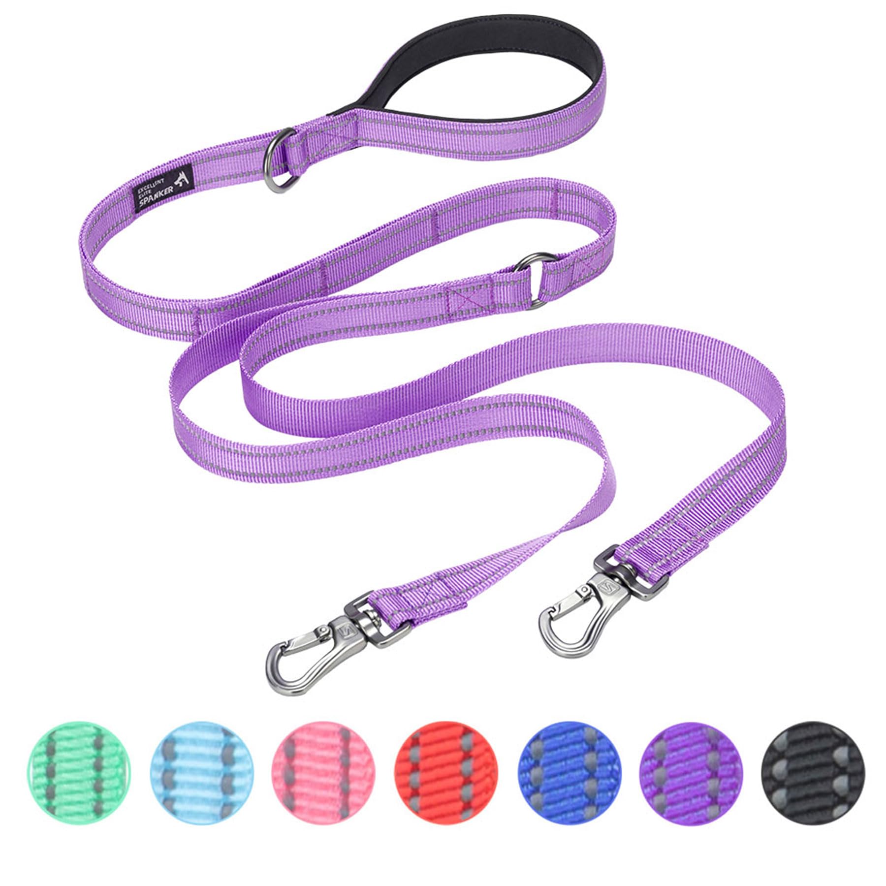 EXCELLENT ELITE SPANKER Laisse double réfléchissante pour chien - 1,5 m - Avec poignée rembourrée - Pour promener deux chiens - Violet