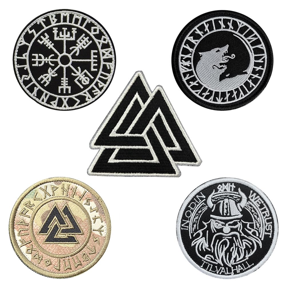 5 PCS Northern Europe Viking Compass Norse Rune Patches Tactical Embroidered Emblem Hook and Loop Fastener Applique Patches for Uniforms Armband Coat Pants Pouch Vest Jacket Hat Bag Backpack Clothes