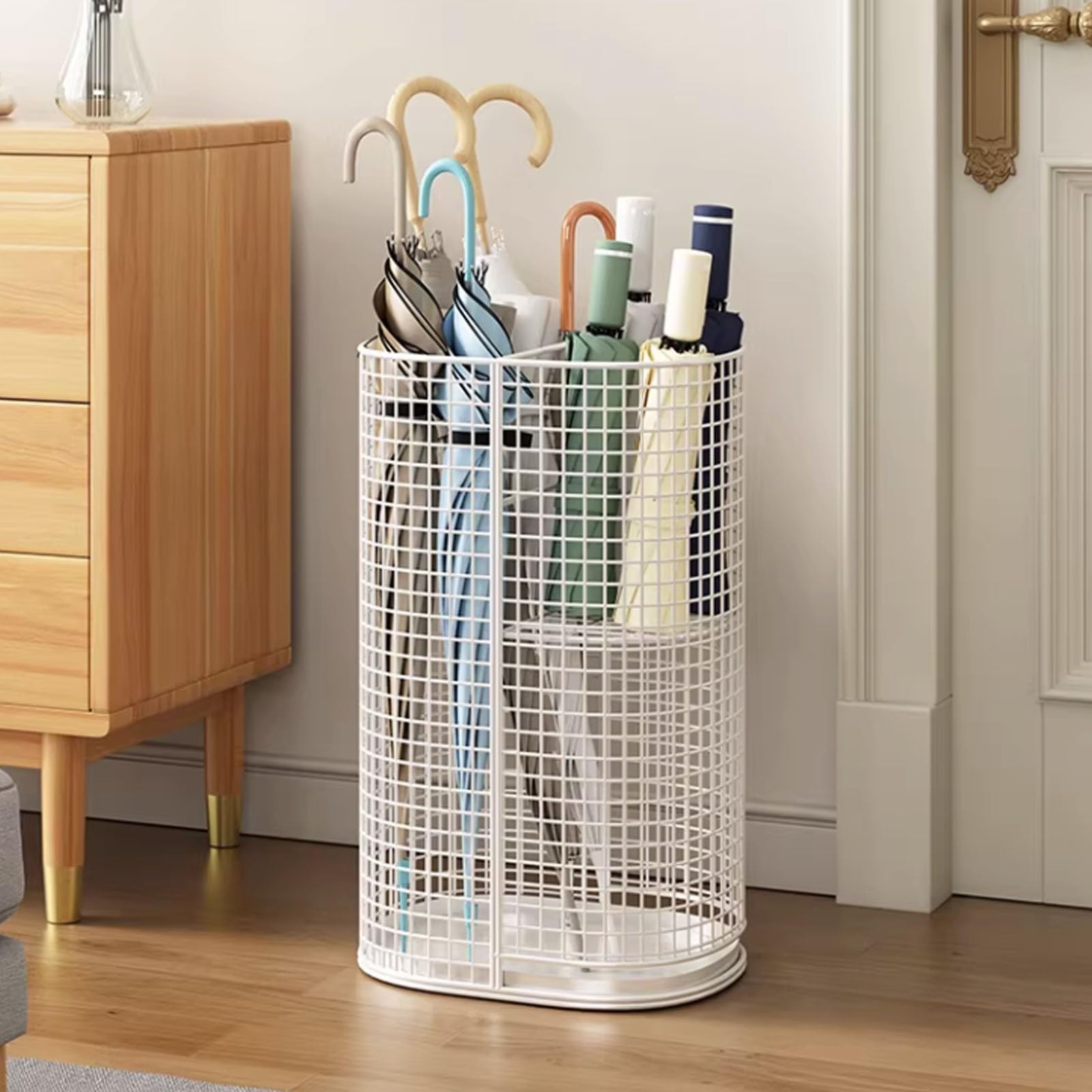 Porte-parapluies en maille blanc avec bac d'égouttage amovible pour entrée