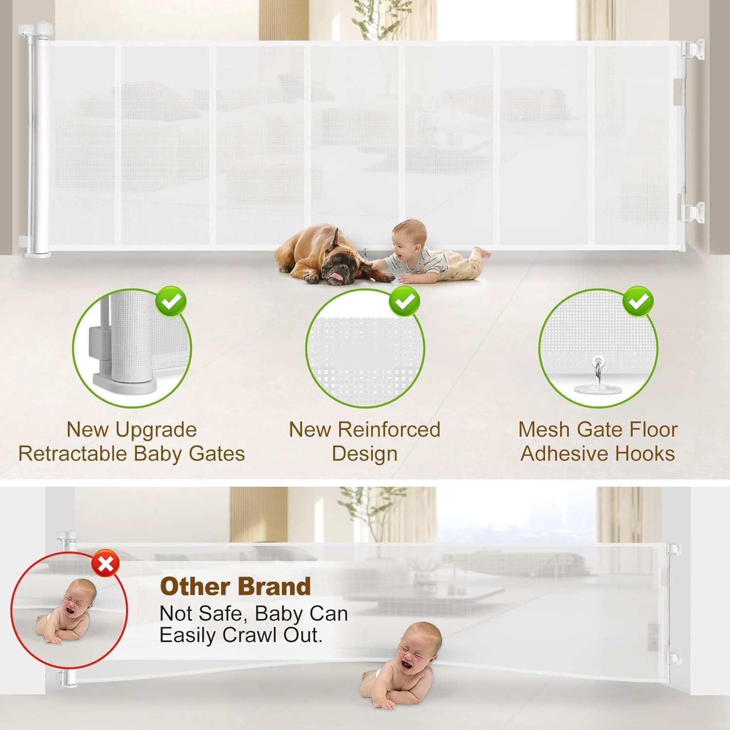 miumoon 100 inch retractable baby gates 42 inch tall, retractable gate with reinforced strip design to prevent crawling through, 8 ft extra wide retractable dog gate for indoor/outdoor white 42" tall x 100" wide