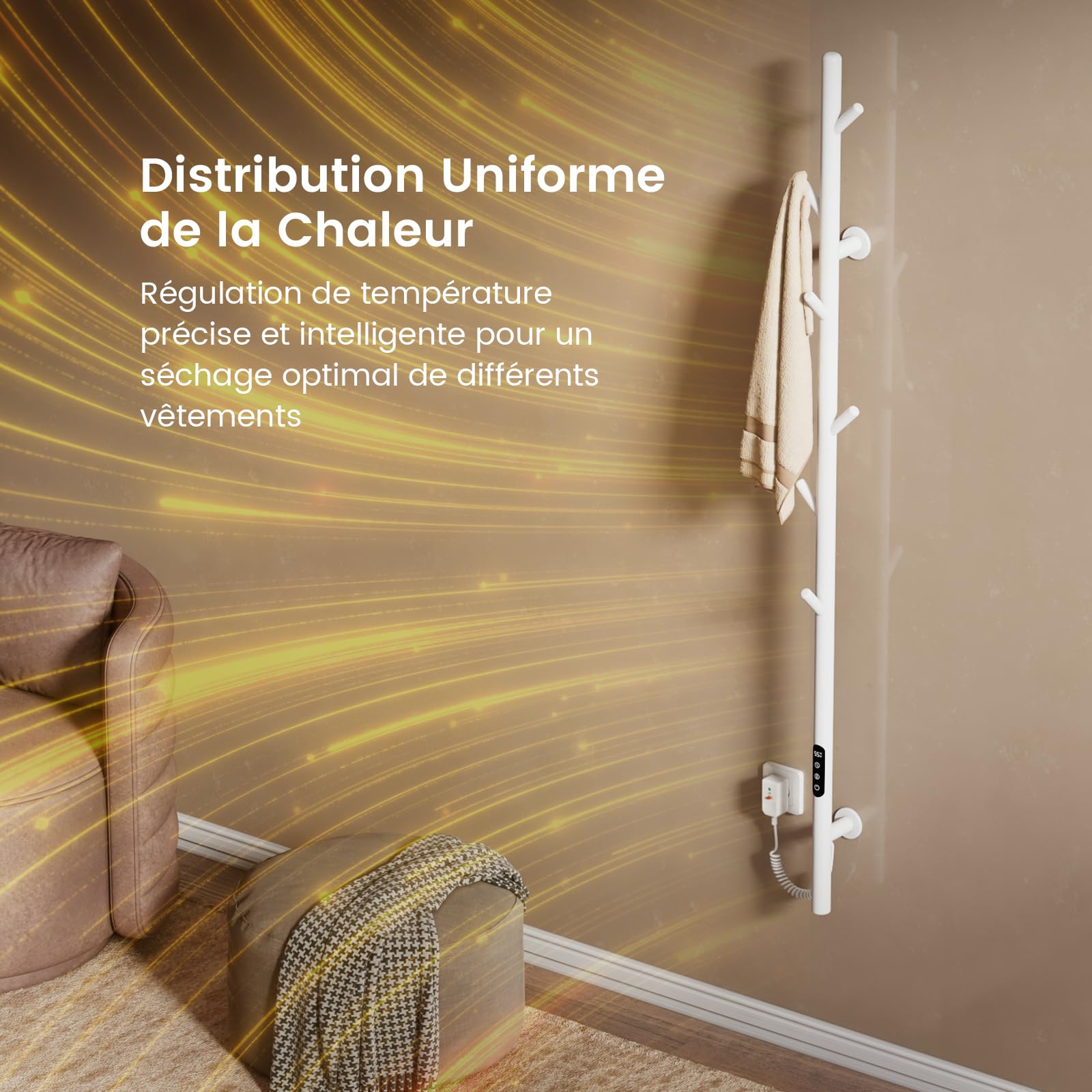 EMKE Sèche-Serviettes Électrique, Blanc,Thermostat Intelligent WiFi | Chauffe-Serviettes Électrique, Barre Unique, 150 cm de Hauteur