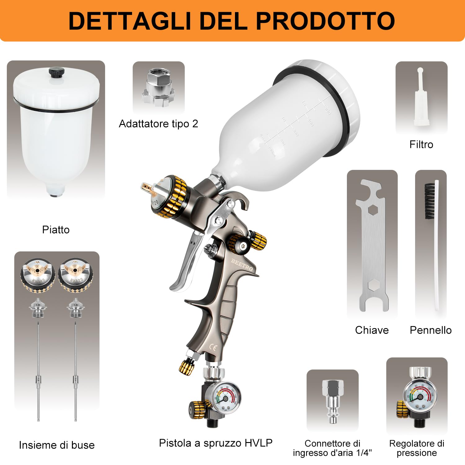 BEETRO Pistola a Spruzzo ad Aria Compressa HVLP, Capacità 600ml 14,5CFM 30-43psi Ugelli da 1,4mm/1,8mm (1,4+1,8 mm, 600 ml con valigetta)