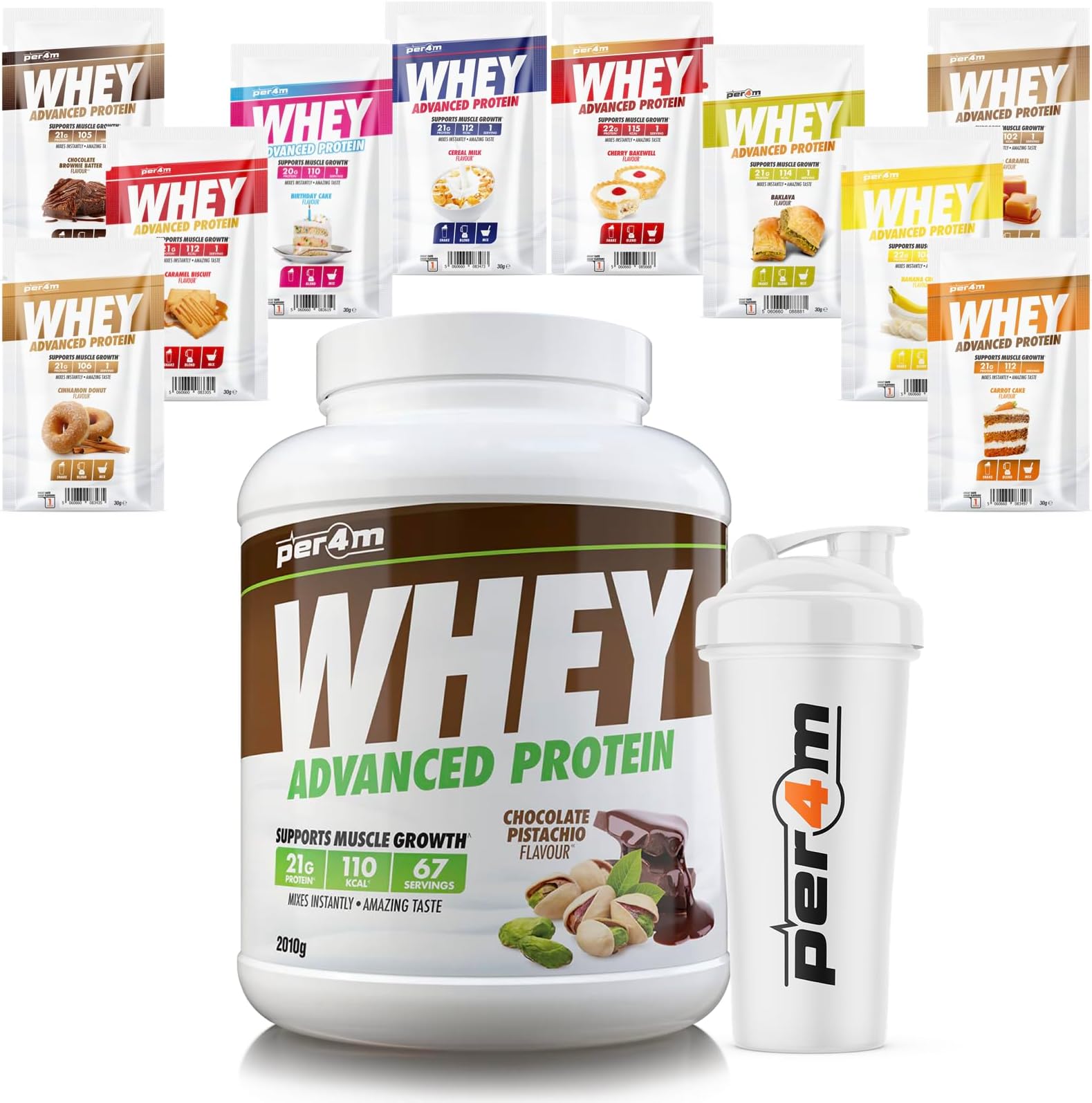 Per4m Advanced Whey Protein Powder | 67 Serving Low Sugar Protein Shake with Amino Acids | Perfect for Your Gym Bag and Travel | Shaker & 10 Mixed Selection Sachets (2010g, Chocolate Pistachio)