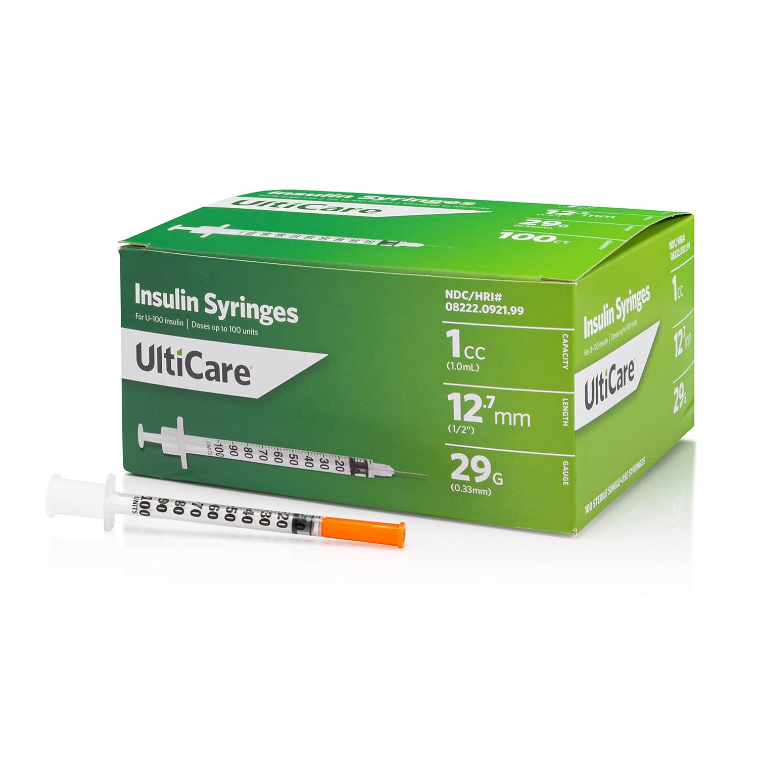 UltiCare U-100 Insulin Syringes, Comfortable and Accurate Dosing of Insulin, Compatible with Any U-100 Strength Insulin, Size: 1cc, 29G x ½’’, 100 ct Box