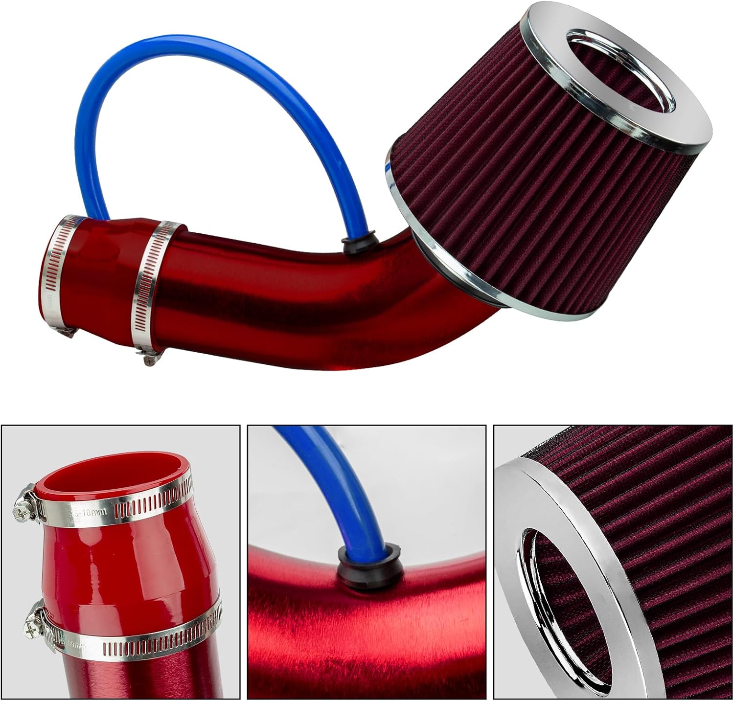 Catekro 3'' Universal Cold Air Intake, High Flow Performance Aluminum Cold Air Intake Kit with Washable Filter Filtro de Alto Flujo Increase Horsepower & Acceleration for Automobile (Red)