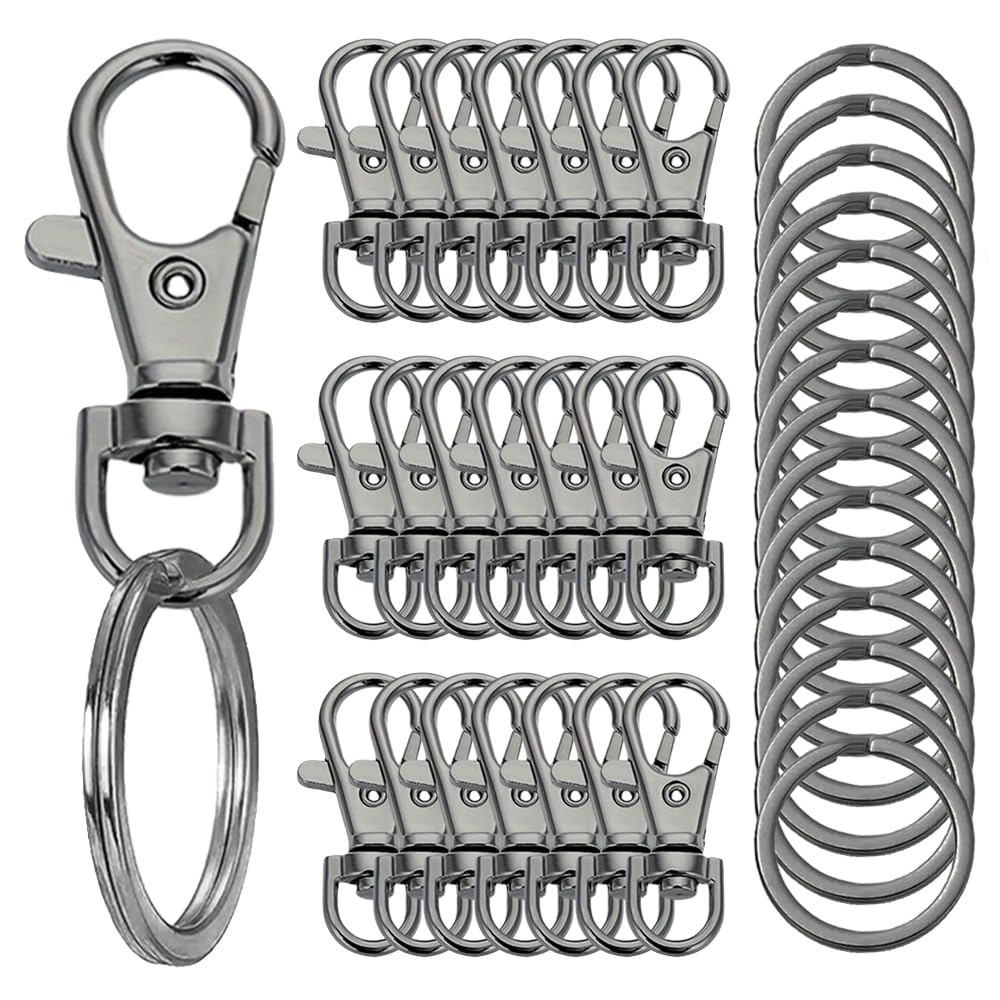 100 ganchos para llavero con llavero, ganchos de clip para llavero con anillos para hacer joyas, manualidades, color negro (50 cierres de mosquetón de metal + 50 llaveros planos)