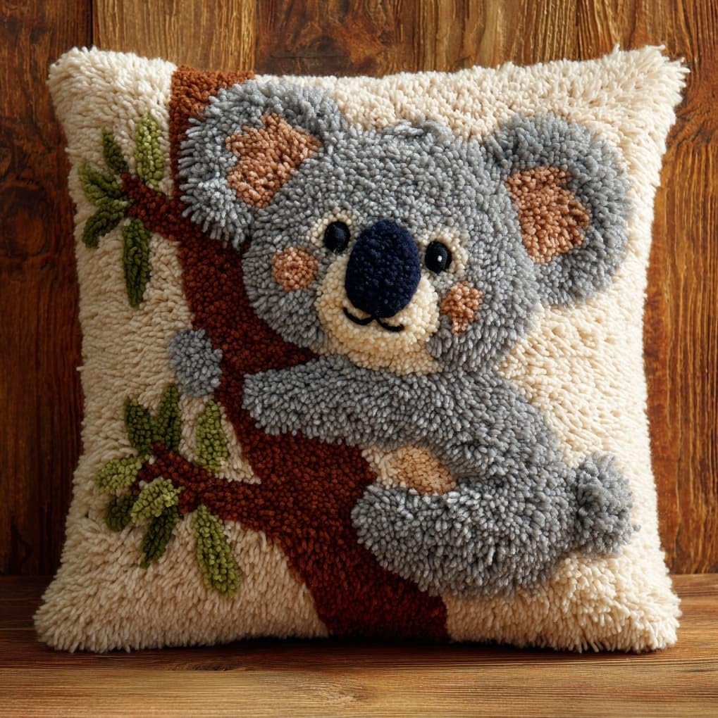 WallustrioaW Latch Hook Kit,Koala Animals,Latch Hook Kits Pillow for Adults Embroidery Pattern Printed Canvas Creativity Crochet Gift,17x17in