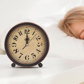 Vintage Analog Alarm Clock, Decorative Quiet Non Ticking Desk Clock Battery Operated Small Bedside Clock for Bedroom Living Room Office Room Decor