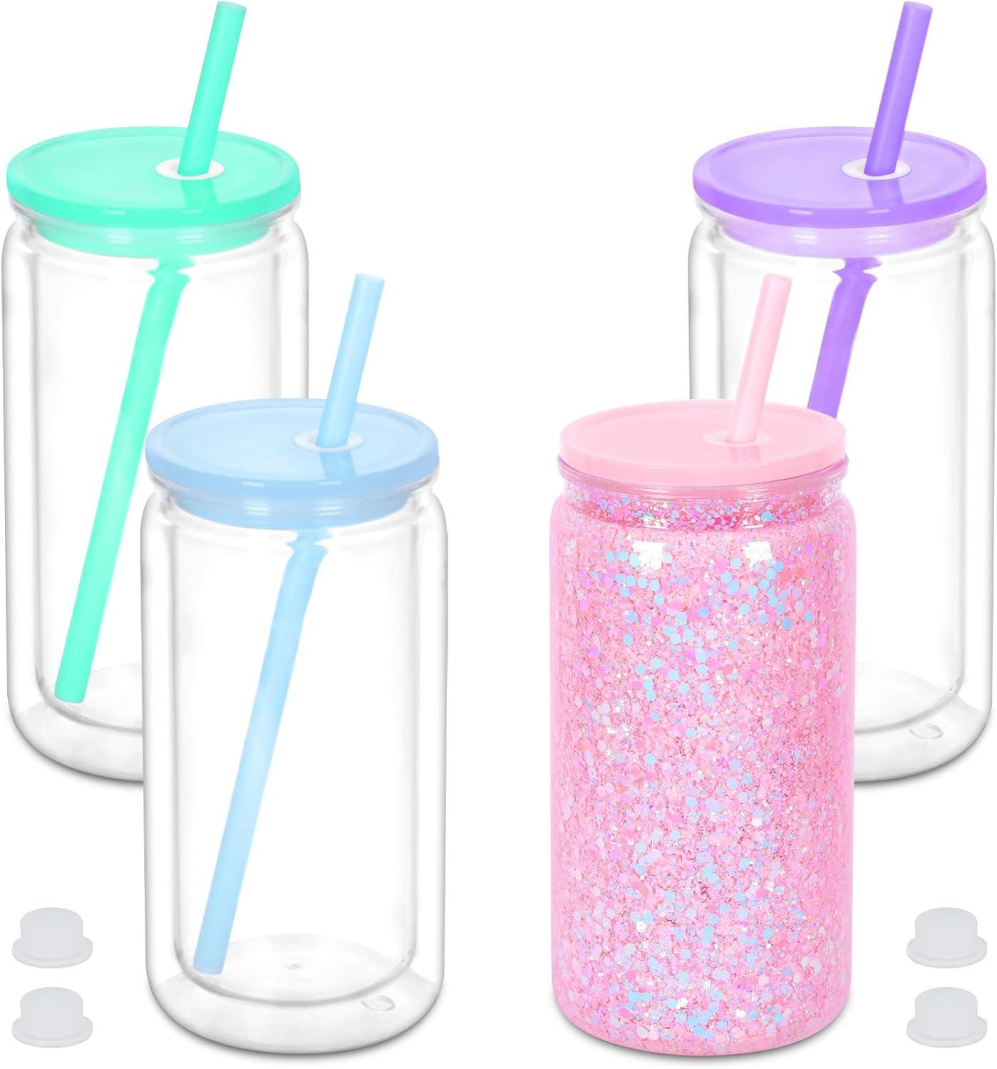 16 oz Plastic Snow Globe Tumbler, 4 Pack Double Wall Snowglobe Tumbler with Pre Drilled Hole, Plastic Mason Jar Cups Can for Snow Globe Glitter DIY ( Mixed Colors )
