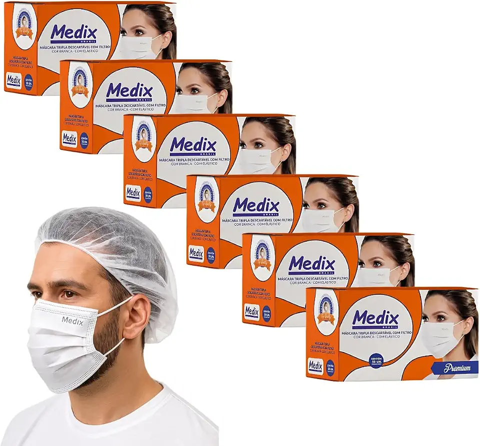 Kit 6 Caixas Máscara Descartável Tripla Proteção com Filtro e Clipe de Ajuste Nasal Com Elástico – Total 300 Unidades