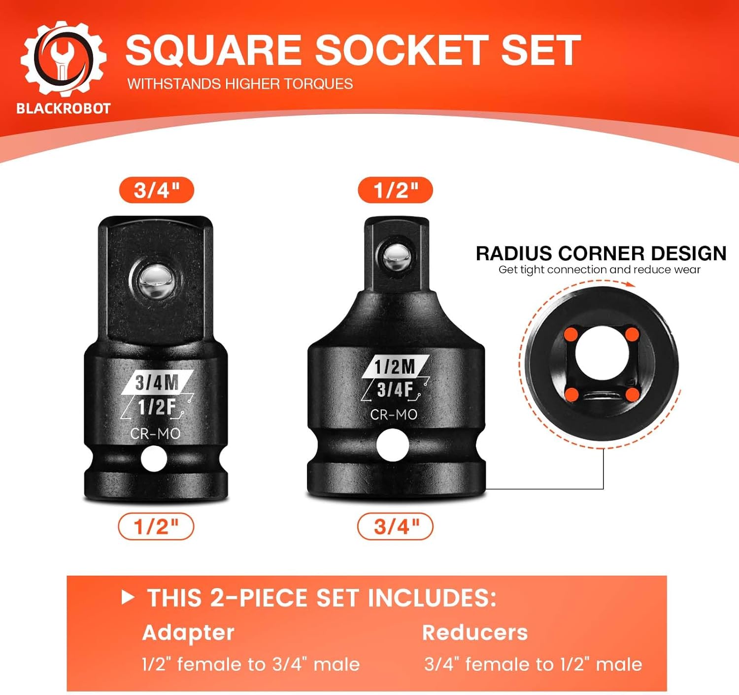 BLACKROBOT 2PCS Impact Socket Adapter and Reducer Set, 1/2" to 3/4" & 3/4" to 1/2" Socket Adapter Set, SAE Drive Cr-Mo Steel Exceeds ANSI Standards, Square Drive Adapter for Impact Driver Wrench