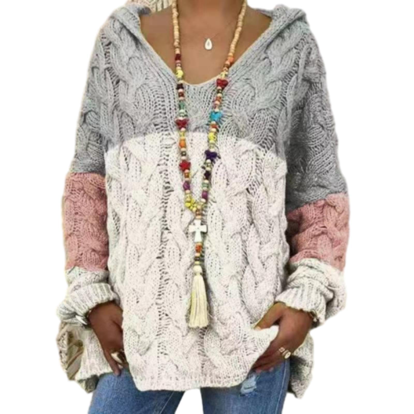 Womens Oversized Chunky Cable Knit Hooded Sweater V Neck Long Sleeve Drop Shoulder Pullover Fall Winter Loose Knit