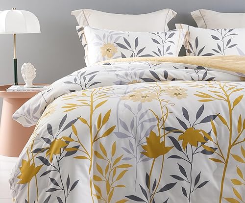 Miniatura 4 de SLEEPBELLA Juego de edredón de algodón tamaño King, 600 hilos de algodón con ramas grises con flores amarillas y hojas grises, juego de ropa de cama