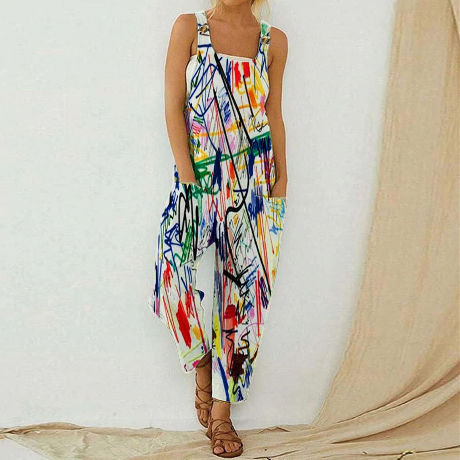 Damen Overall Jumpsuit Langarm mit Spaghettiträgern Drucktaschen Eleganter Spielanzug für Frauen Bequemer Freizeitanzug Modischer Einteiler