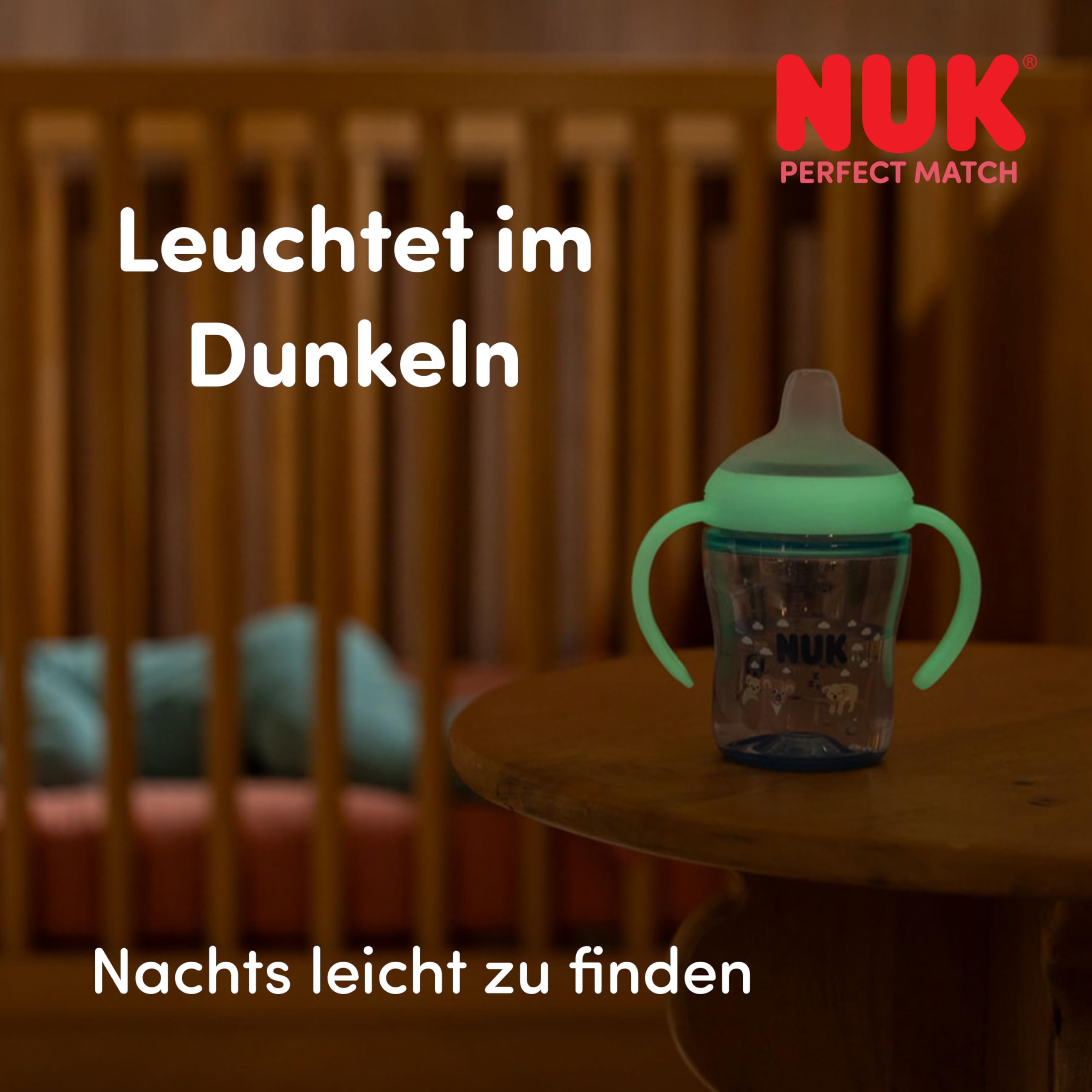 NUK Perfect Match Learner Butelka | 6+ miesięcy | 150 ml | Kubek niekapek dla malucha | Antypoślizgowe uchwyty | świecąca w ciemności | Koala | 1 sztuka