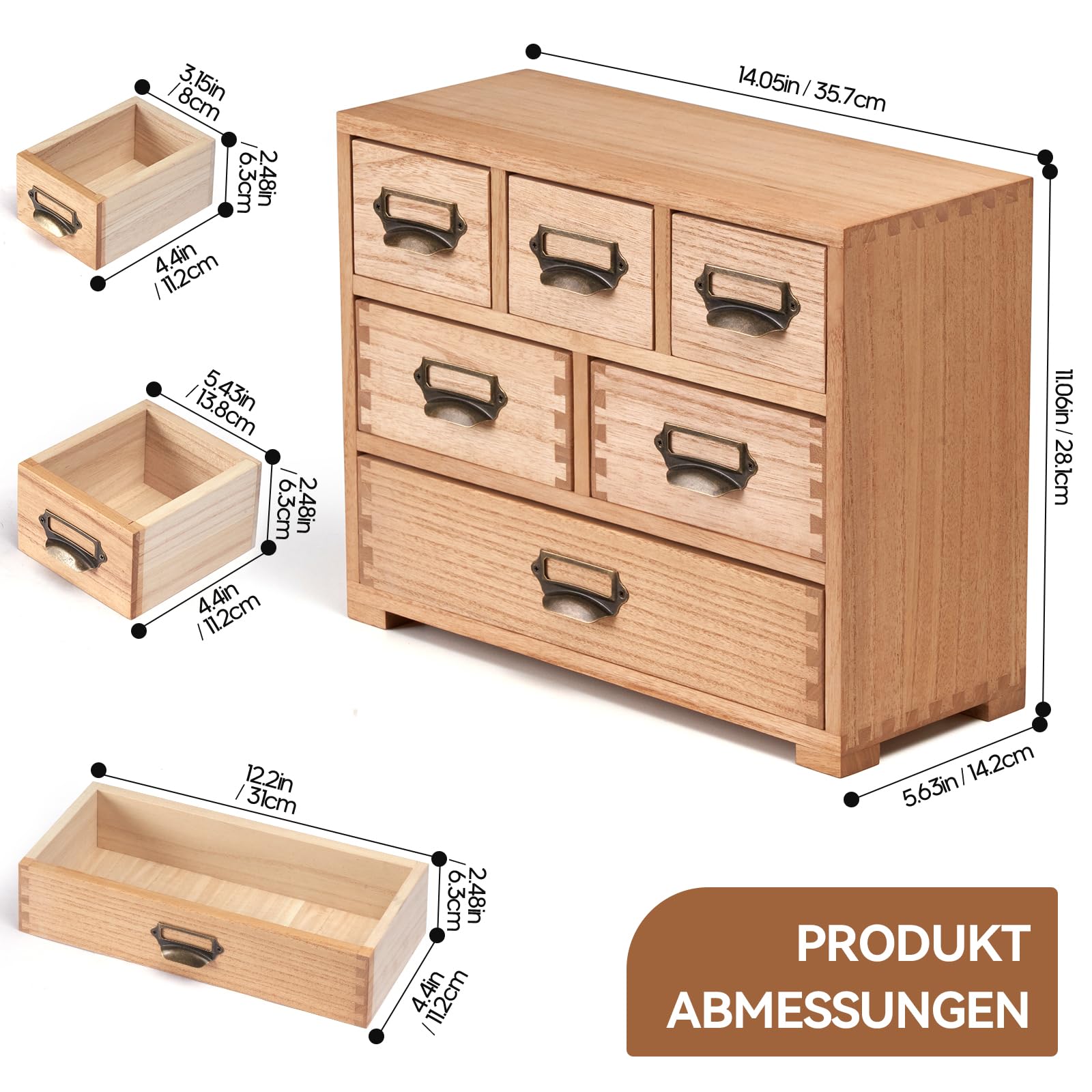 KIRIGEN Schubladenbox, Mini-Kommode, Schreibtisch-Organizer, Natur | 6 Schubladen, Paulownia-Massivholz, 35,7 x 14,2 x 28,1 cm, handgefertigt, fertig montiert, Zapfenverbindungen, mit Pflanzenöl