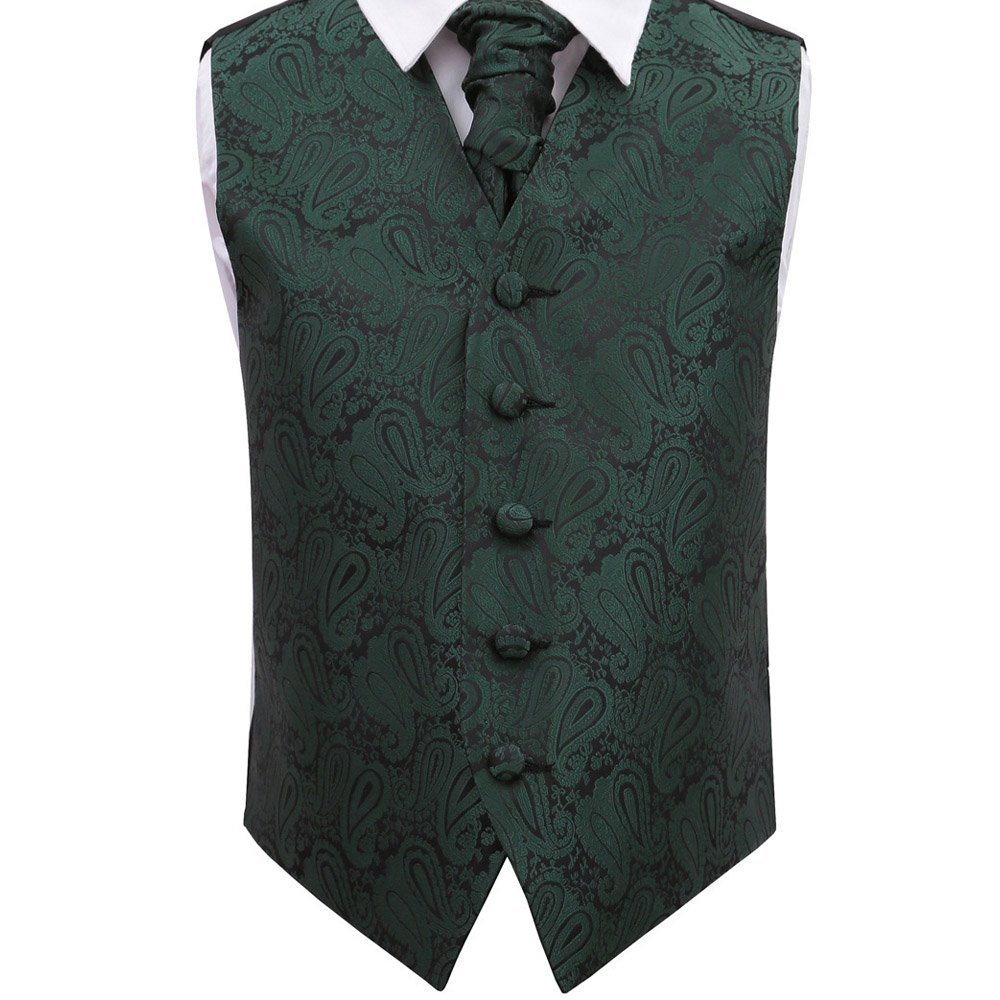 Dqt Boys Emerald Green Paisley Floral Waistcoat & Cravat Set (2Pc) - Wedding Party & Formal - 34" (13–14 Years)
