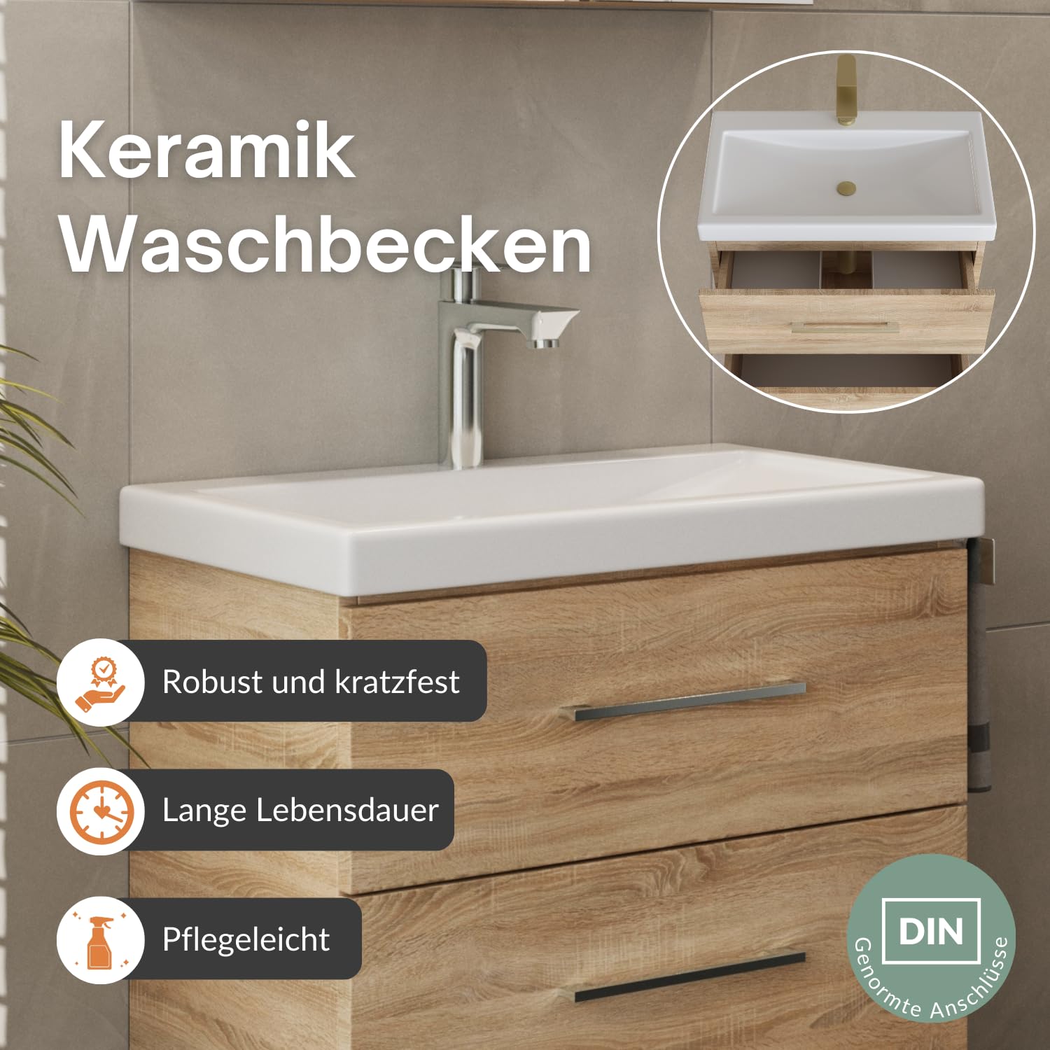Makastle Waschbeckenunterschrank 60x34,5x60cm - Braun Eiche Mit Schublade & Klappe