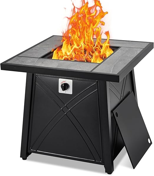 Propane Fire Pit 28 inch, 50,000 BTU Outdoor Fire Pit Table, to Add Atmosphere to Party, CSA-Listed Gas Fire Pits with Steel Lid and Lava Rock, Adjustable Feet for Patio Deck Garden Backyard Dinner