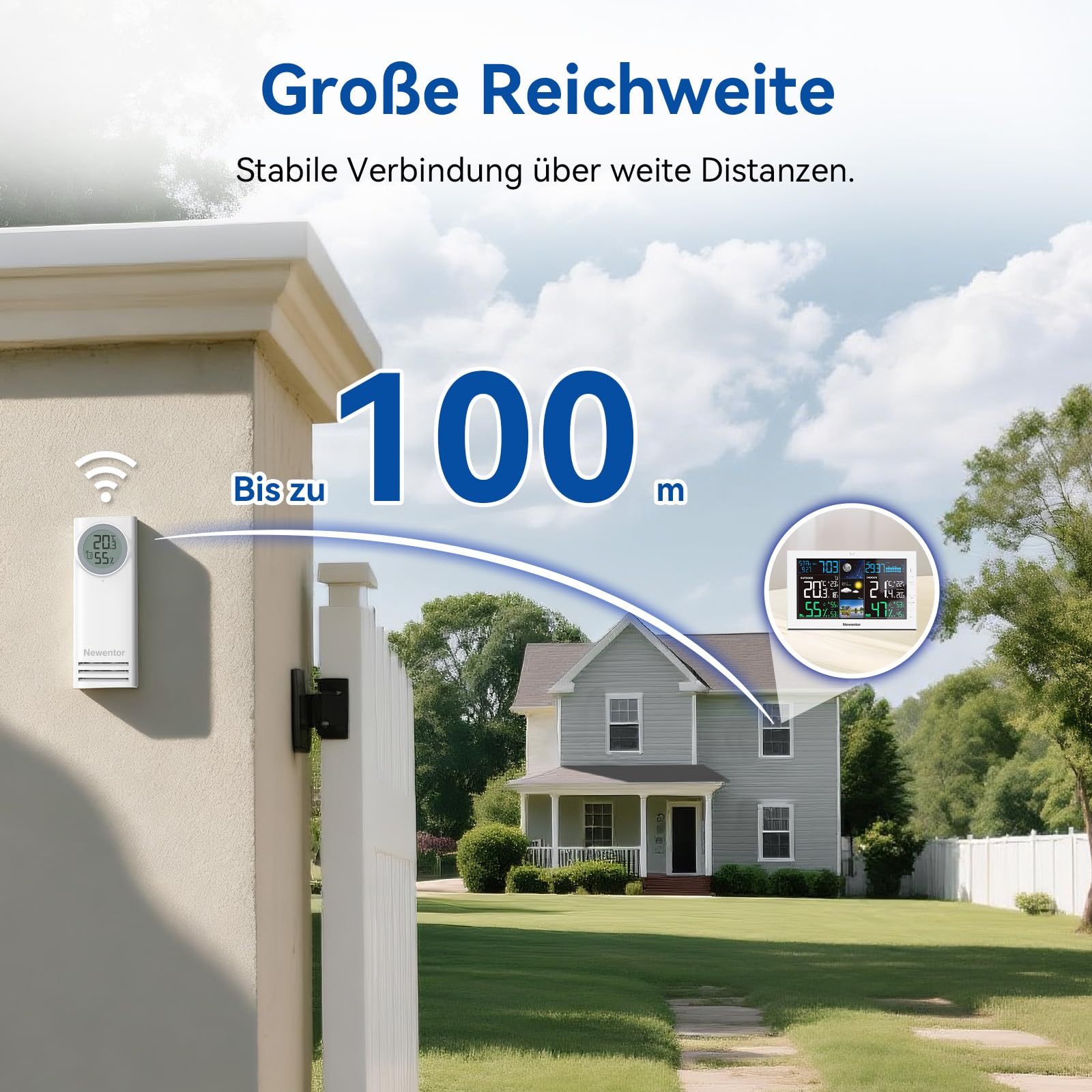 Newentor Wetterstation Funk mit Außensensor | 7,6" Farbdisplay, Funkwetterstation mit Thermometer und Hygrometer, Außensensor mit eigenem Display, Weiß, 2 Außensensoren