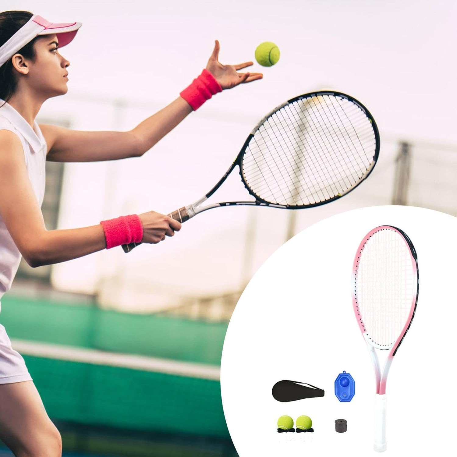 Tennis Racket Set Tennis Training Equipment Professional Gift Recreational with Tennis Trainer Rebound Balls for Beginners, Pink