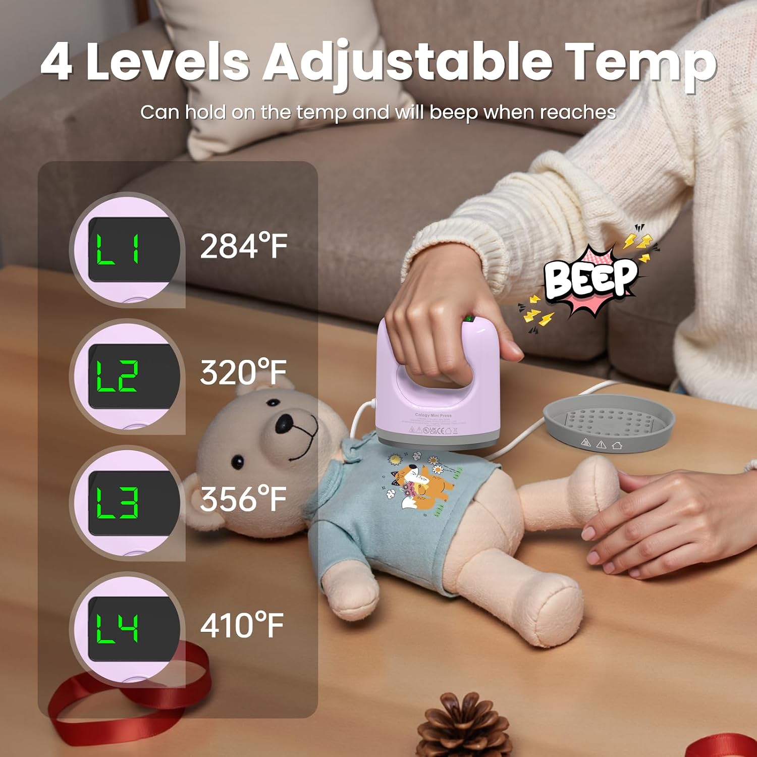 Calogy Super Mini Heat Press Machine, Max 410℉ & 4 Heating Setting with LED Display, Mini Iron for Crafting with Precision Tip, Easy for Small Objects Like Shoes, Stuffed Animals, Hats (Purple) image 4