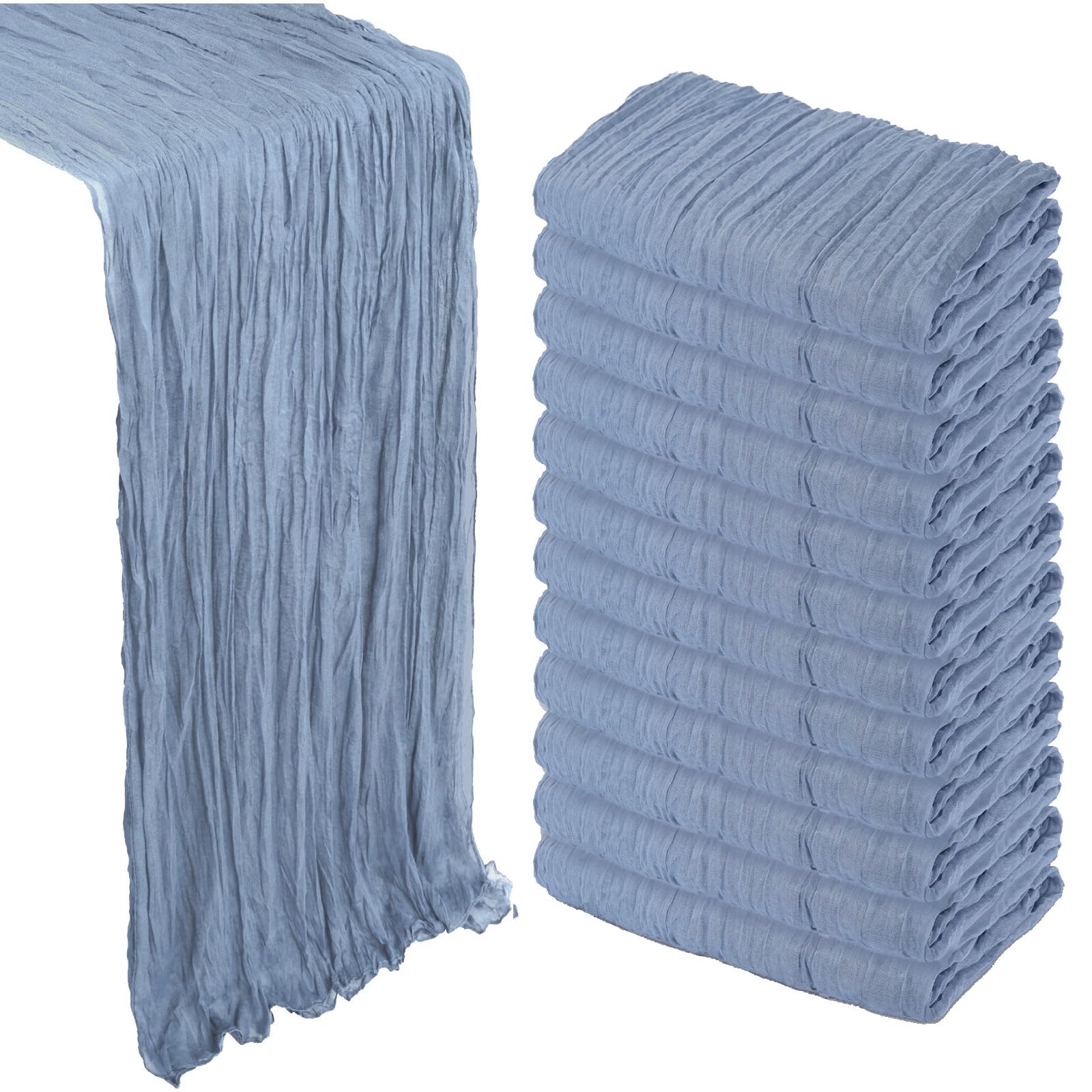 Photo 1 of 12 Pack Dusty Blue Cheesecloth Table Runner 10Ft Spring Gauze Cheese Cloth Table Runner 35x120 Inch Boho Sheer Rustic Fabric for Party Decor Baby Shower Wedding Decorations