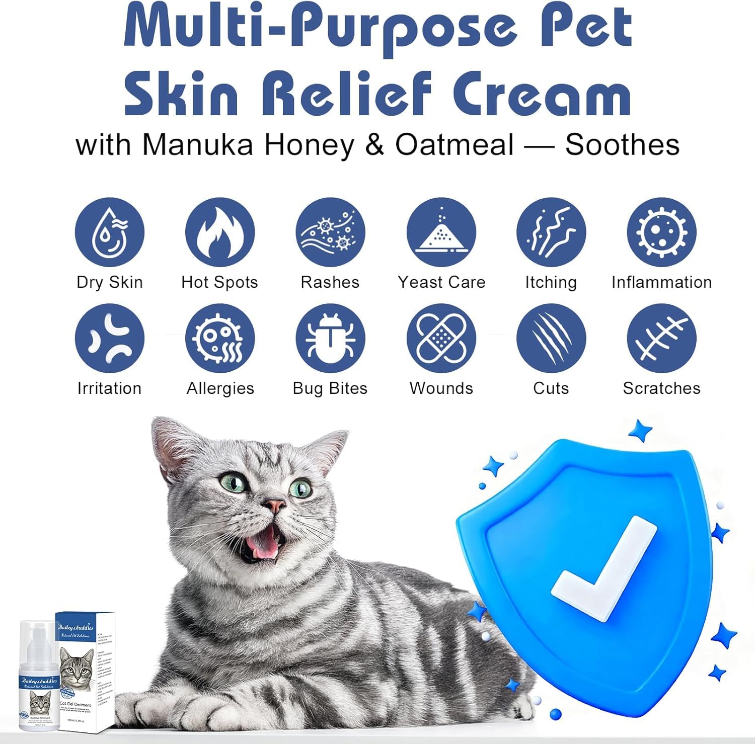 Bailey & buddies Pommade Naturelle pour la Peau de Chat, soulage la Peau sèche, démangeaisons, Points Chauds, eczéma et Allergies - Formule enrichie en oméga