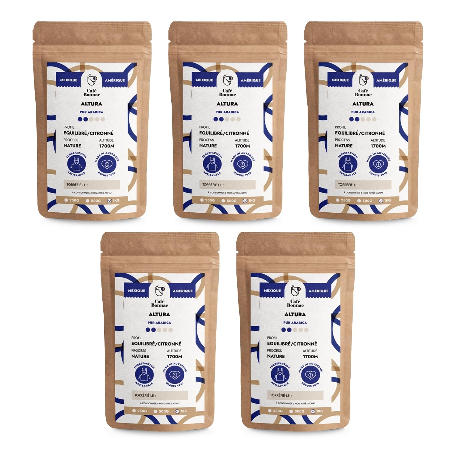 Lot de 5 × 1 kg | Café En Grain Presto Gusto Italiano | Arabica/Robusta | Goût Italien Intense | Notes De Cacao Et Noisette | Torréfaction Artisanale Française