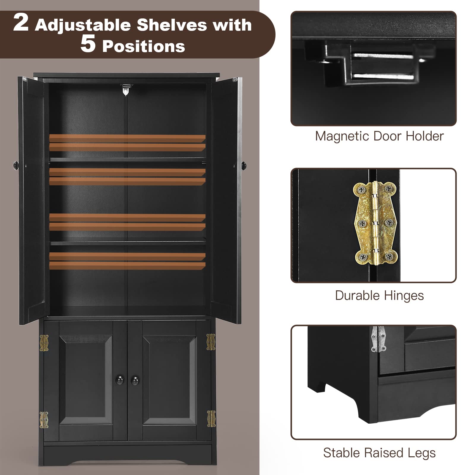 Giantex Dressoir voor keuken, hoog, 190 cm, keukenkast met 4 deuren, 2 open vakken, 4 kantelbeveiligingssets, opbergkast met 6 planken voor badkamer ( zwart