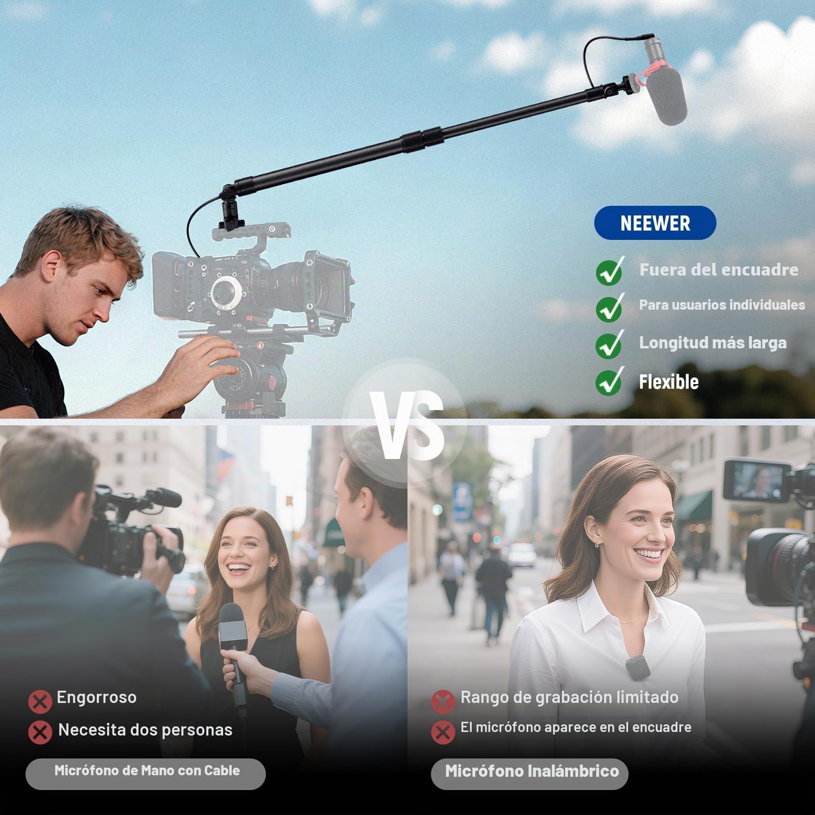 NEEWER Boom Pole Micrófono Fibra Carbono, 44-92cm Extensible, 3,5mm Cable TRS Macho a Hembra Integrado, Clavo NATO, Montaje Zapata Fría, 180° Tilt, Carga Máx 500g para Entrevistas y Cine, BP01