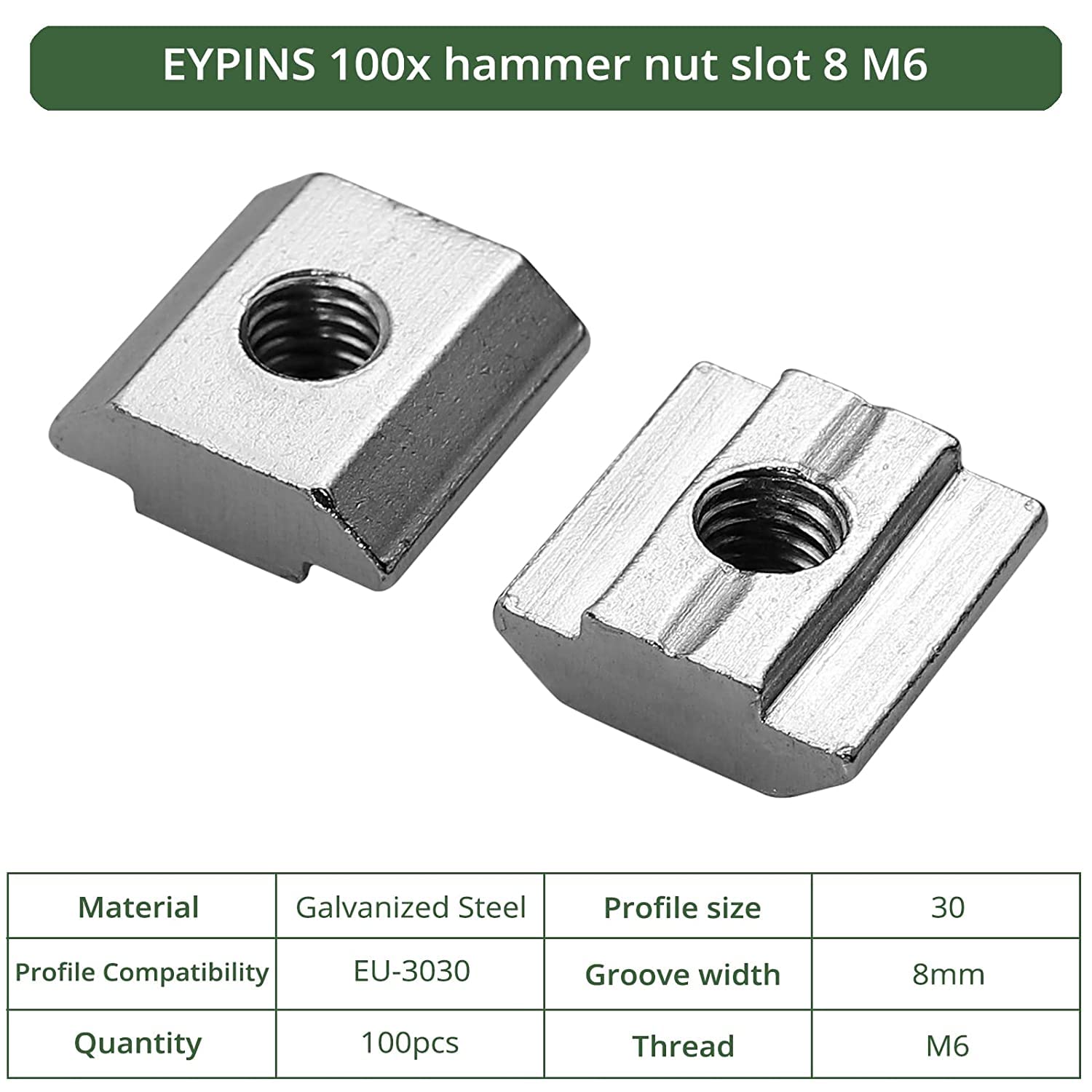 EYPINS 100 x kamienie do rowków M6 do profilu aluminiowego 3030 rowek 8, nakrętka ślizgowa typu B, stal węglowa, europejski gwint M6, profil do mebli, głowic młotkowych, profili aluminiowych, obróbki drewna