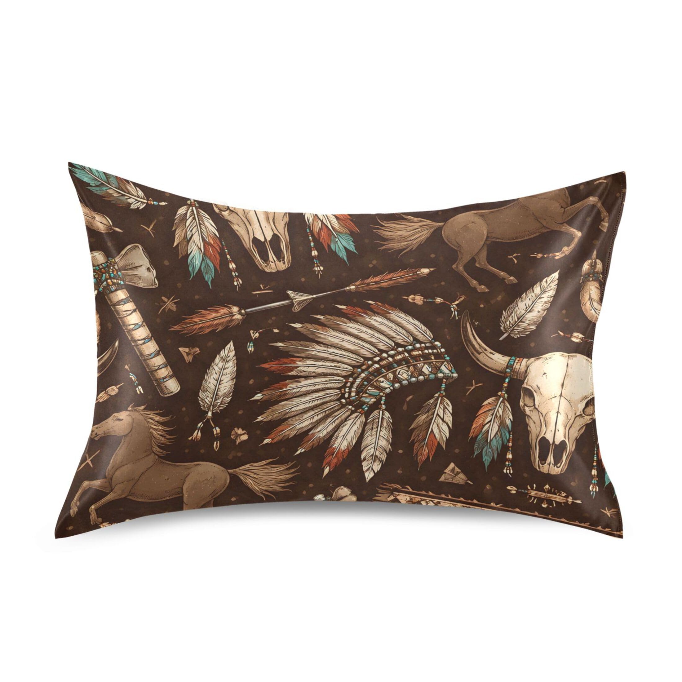 Fuauuyl Pillowcase Standard Size 20x26 in, Tribal Western Cow Skull Soft Breathable Satin Pillow Case for Hair and Skin with Envelope Closure Wrinkle-Free