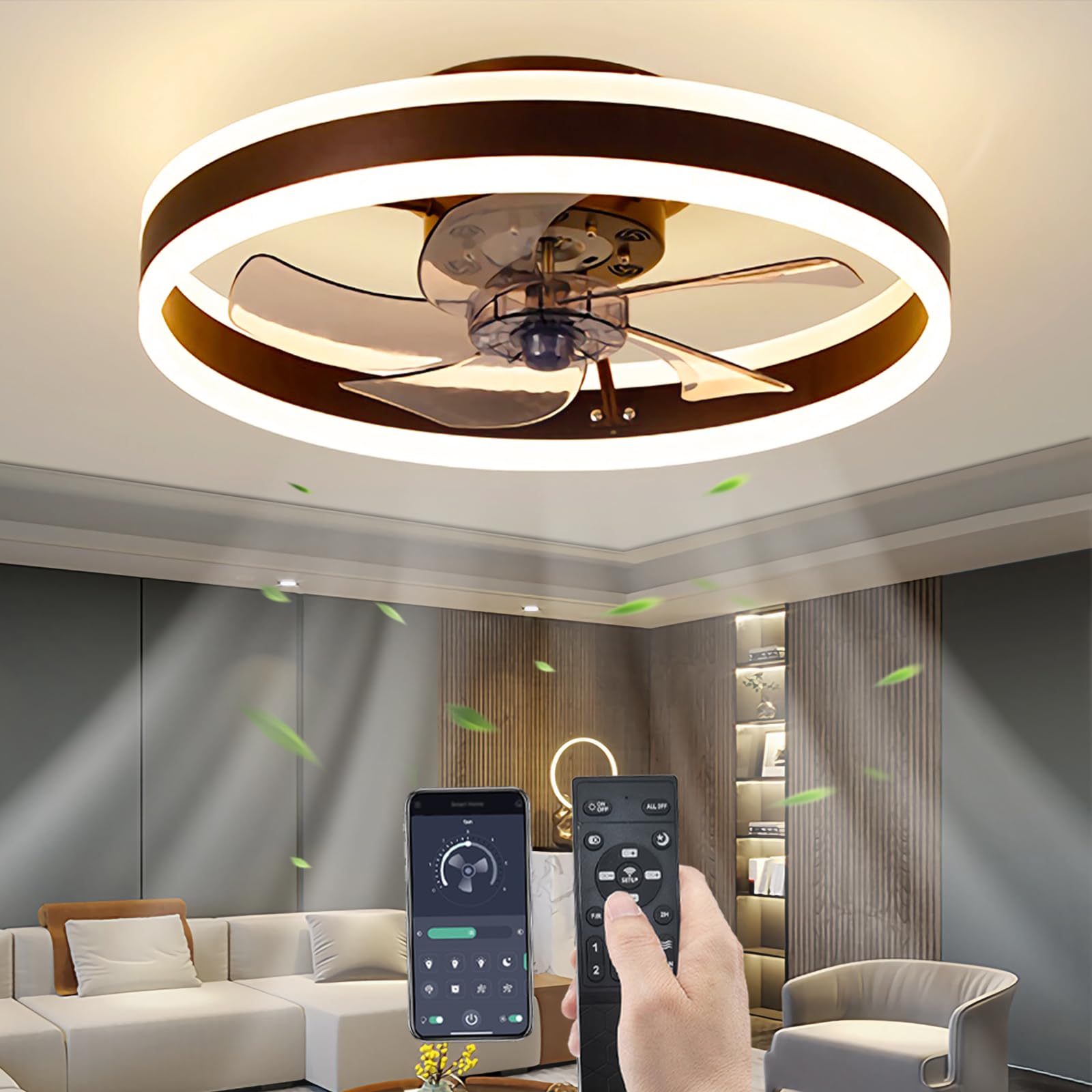 Cichy Wentylator sufitowy ze światłem i zdalne sterowanie, LED 60W Lampa sufitowa Nowoczesny Niski profil Wentylatory sufitowe dla Salon Sypialnia Oświetlenie, 6 prędkości (brązowy, 50CM)