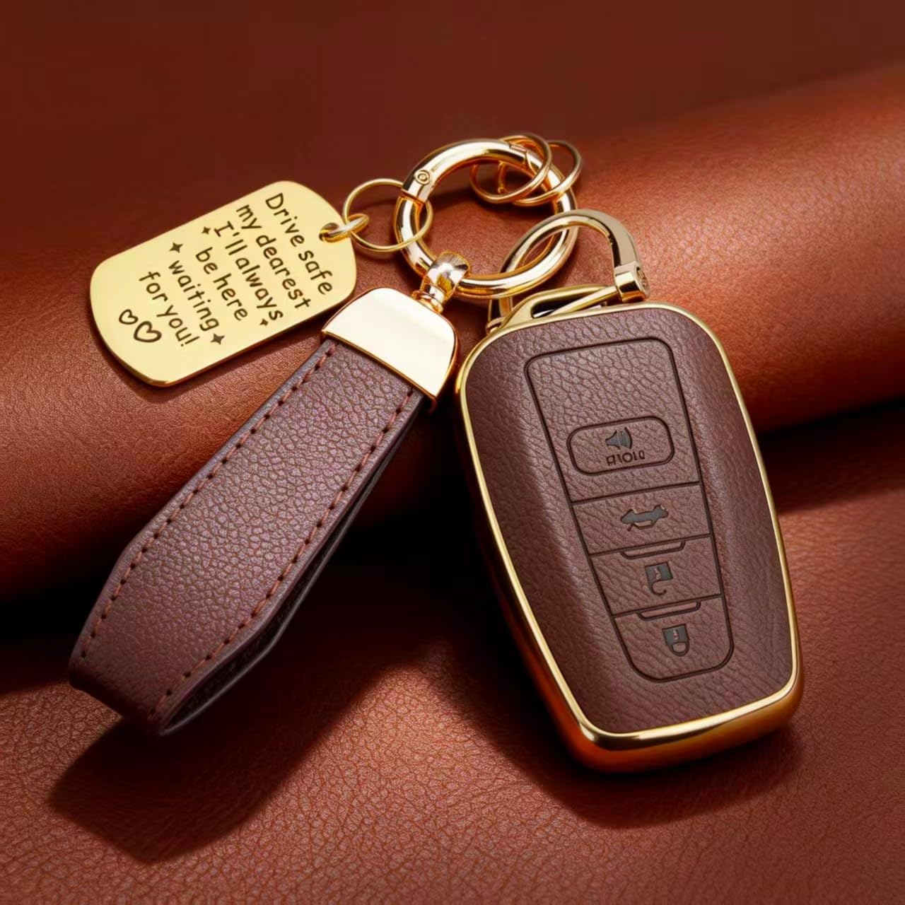 Soft TPU & Leather Key Fob Cover Compatible with Toyota 4Runner Prius Highlander RAV4 Camry Avalon C-HR GT86 Prado, with Keychain & Metal Blessing Tag (4 Button Coffee)