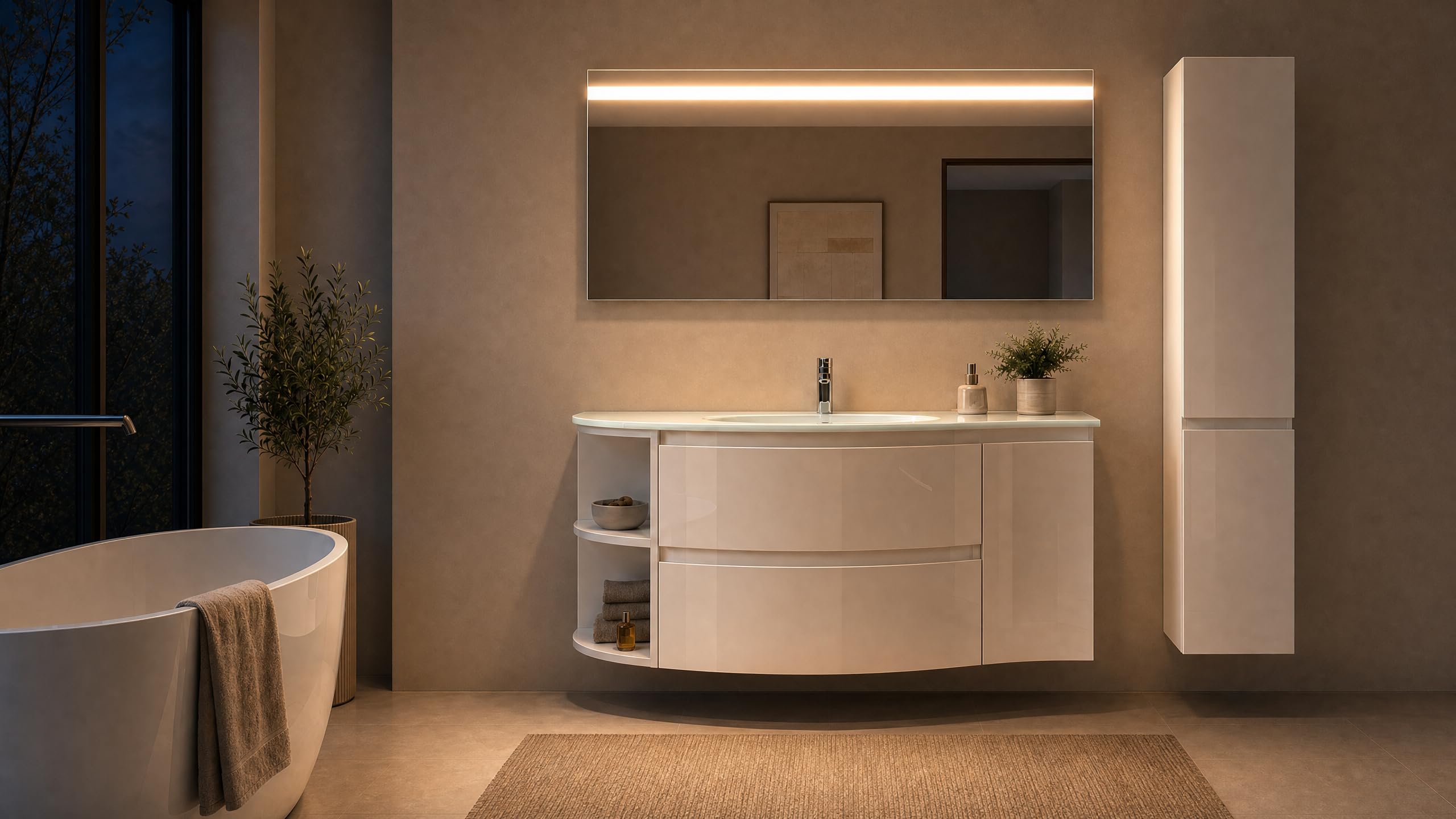 KASR Badmöbel Set Lynn 120 cm, Weiß, mit LED Spiegel und Seitenschrank, Glaswaschbecken, Hochglanz, wandhängend