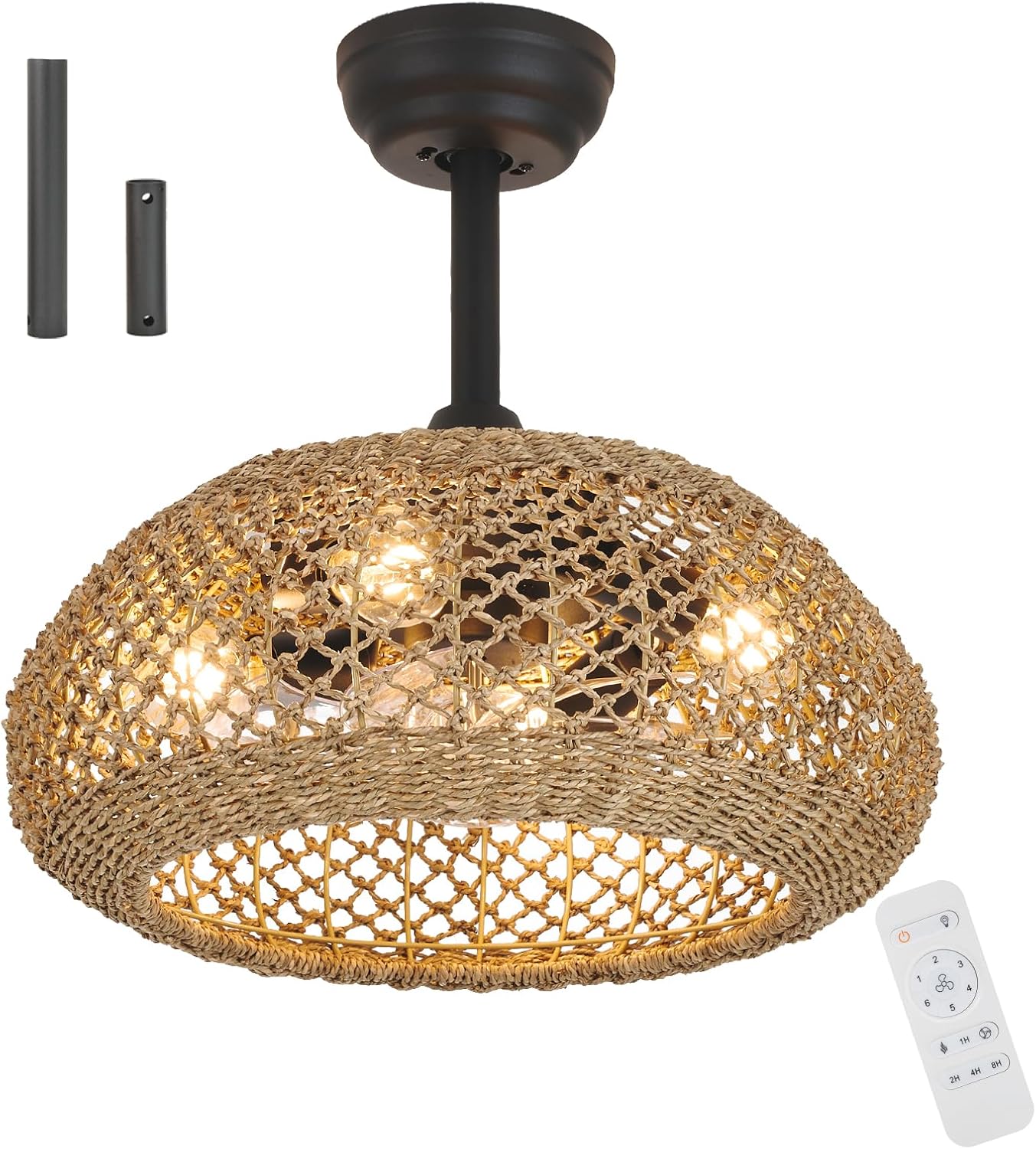 18.9" Caged Ceiling Fan with Lights 4-Light Boho Seagrasses Fandelier Lights and Remote Control, Enclosed 6 Speeds Low Profile Rattan Fan Light for Bedroom Living Room Kitchen