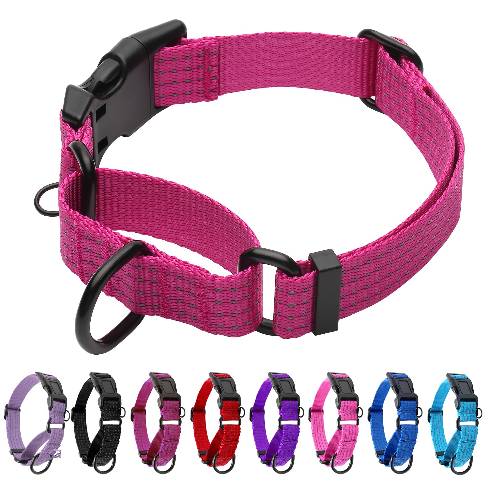 Martingale Dog Collar, Reflective No Pull with Buckle, Hot Pink, M