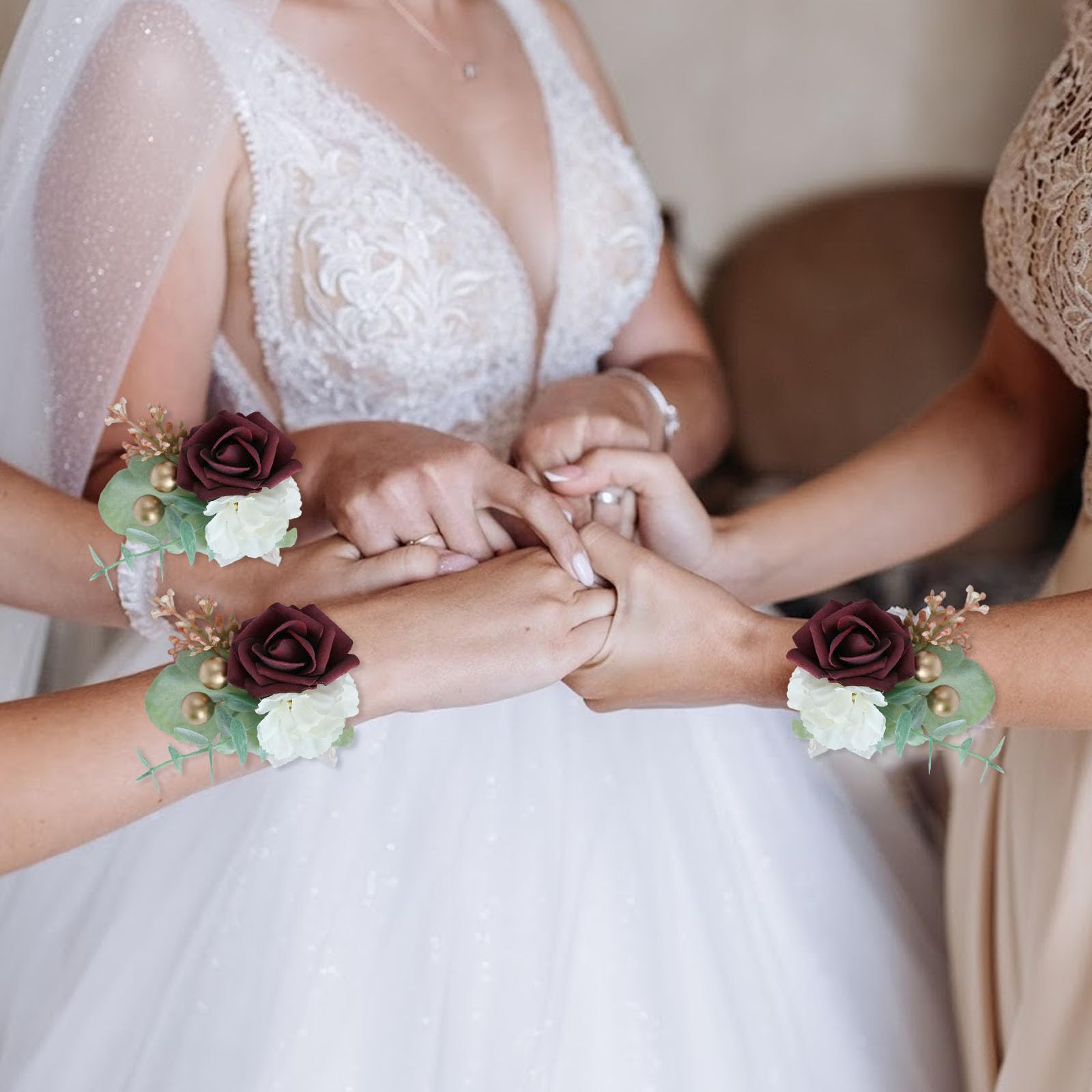 Burgundy Wrist Corsages for Wedding, Burgundy Artificial Wrist Corsages, Burgundy Wrist Corsage for Bridesmaids Girl Women, Rose Flower Corsages Hand Decor for Wedding Bridal Prom Party (Set Of 2) : Home