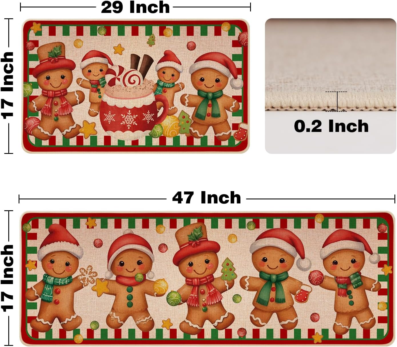 Siilues Christmas Kitchen Mat Set of 2, Non-Slip Gingerbread Christmas Kitchen Rugs for Floor Seasonal Winter Home Decor Low-Profile - 17x29 and 17x47 Inch