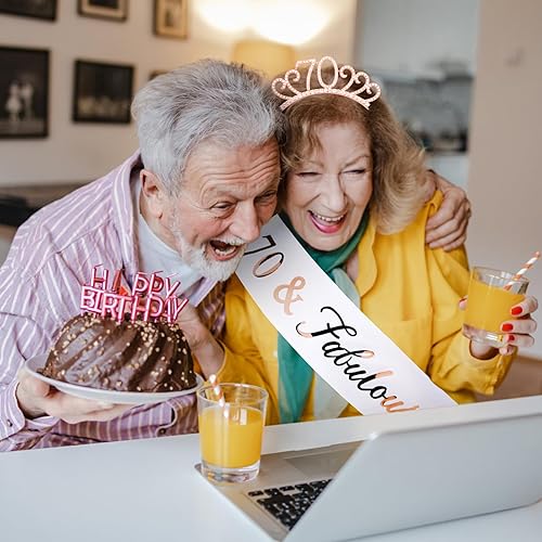 Miniatura 5 de CIEHER Corona de cumpleaños de 70 + banda de cumpleaños de 70 y fabuloso, decoraciones de cumpleaños de 70 años, regalos de cumpleaños 70 para
