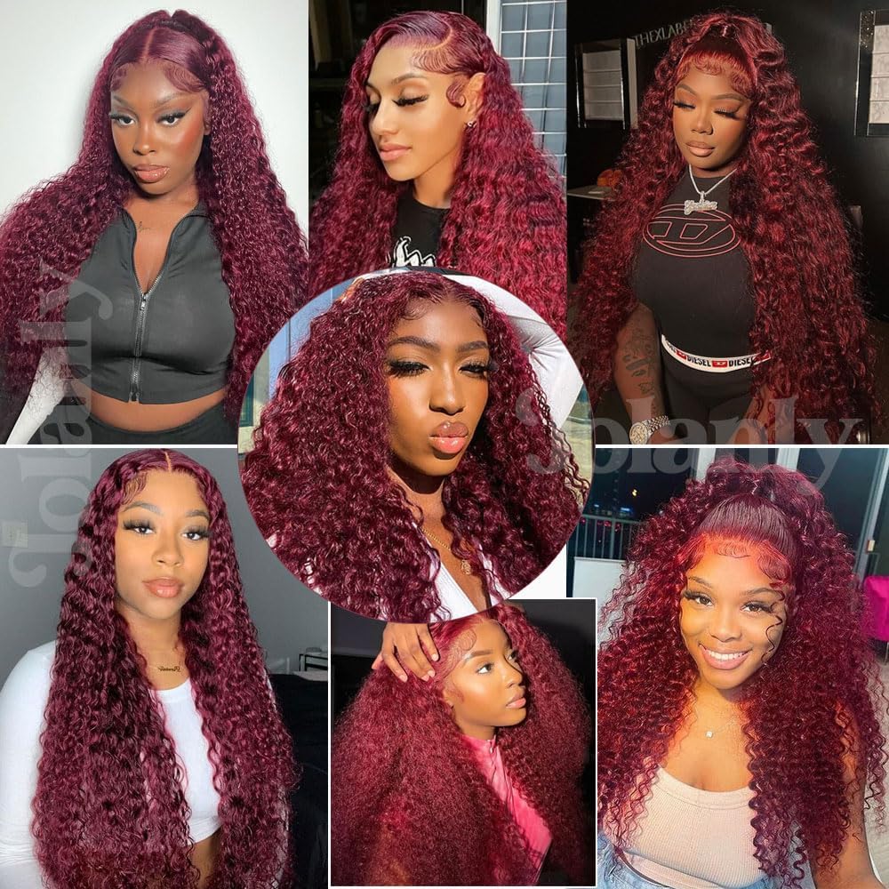 30 Inch 99J Burgundy Deep Wave Lace Front Wigs Human Hair 250% Density 13x6 HD Lace Frontal Pre Plucked Real Human Hair No Synthetic Blend No Tangle No Shedding Triple Lifespan 3X