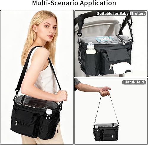 Miniatura 2 de Organizador universal grande para cochecito, bolsa con soporte para tazas, correa de hombro desmontable y bolsa para teléfono, equipo de viaje
