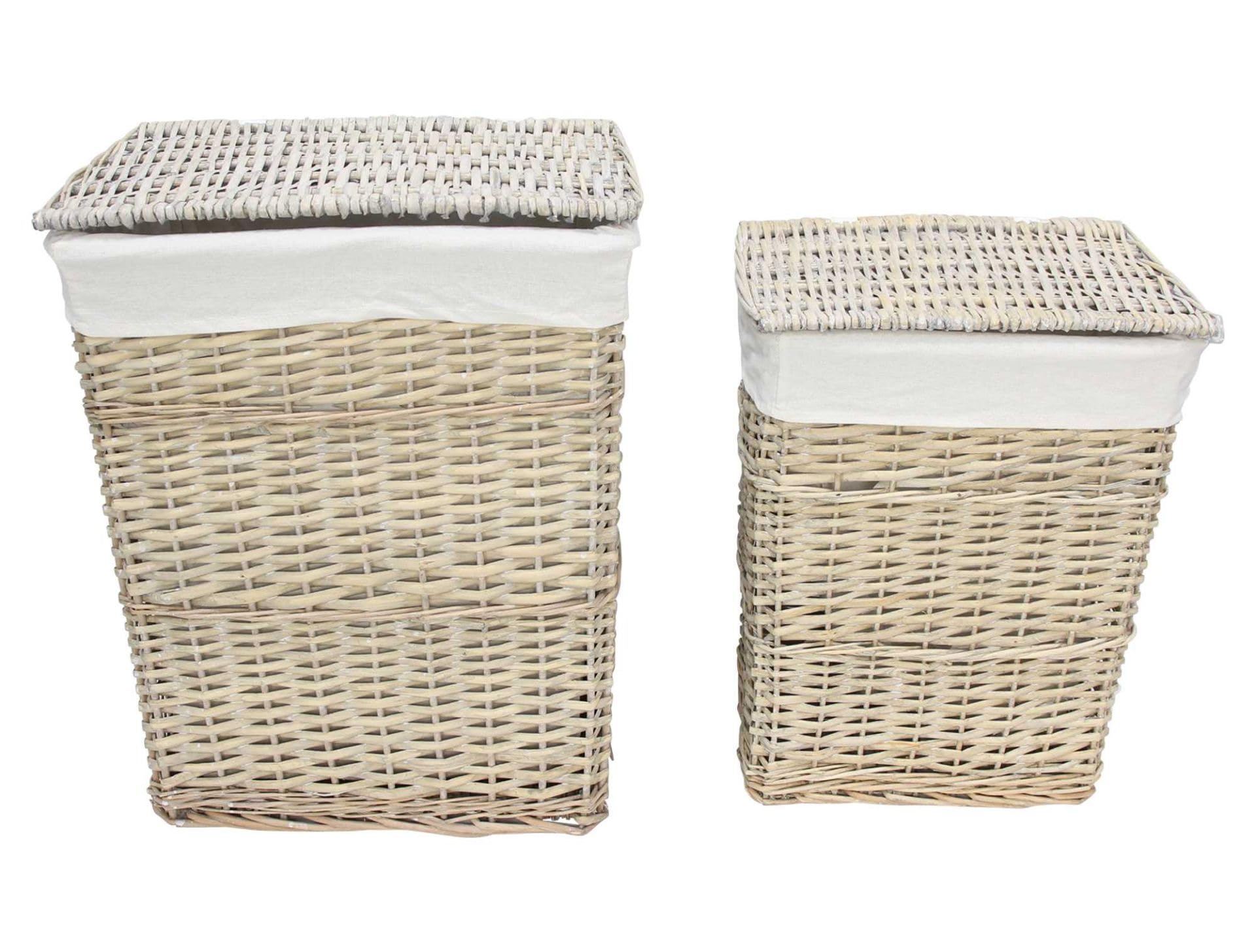 FRANK FLECHTWAREN Wäschekorb "Graue Weide", 2er Set, Spaltweide, grau gekalkt, Stoff, natur Maße: 38 x 26 x 49 cm, 45 x 32 x 56 cm, Stabil und langlebig, Vielseitig einsetzbar