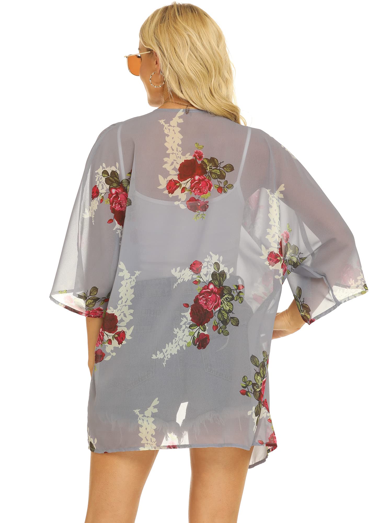 Chunoy Damska bluzka na co dzień z krótkim rękawem szyfonowe kimono szal bluzka top, Pasek - zielony, Medium
