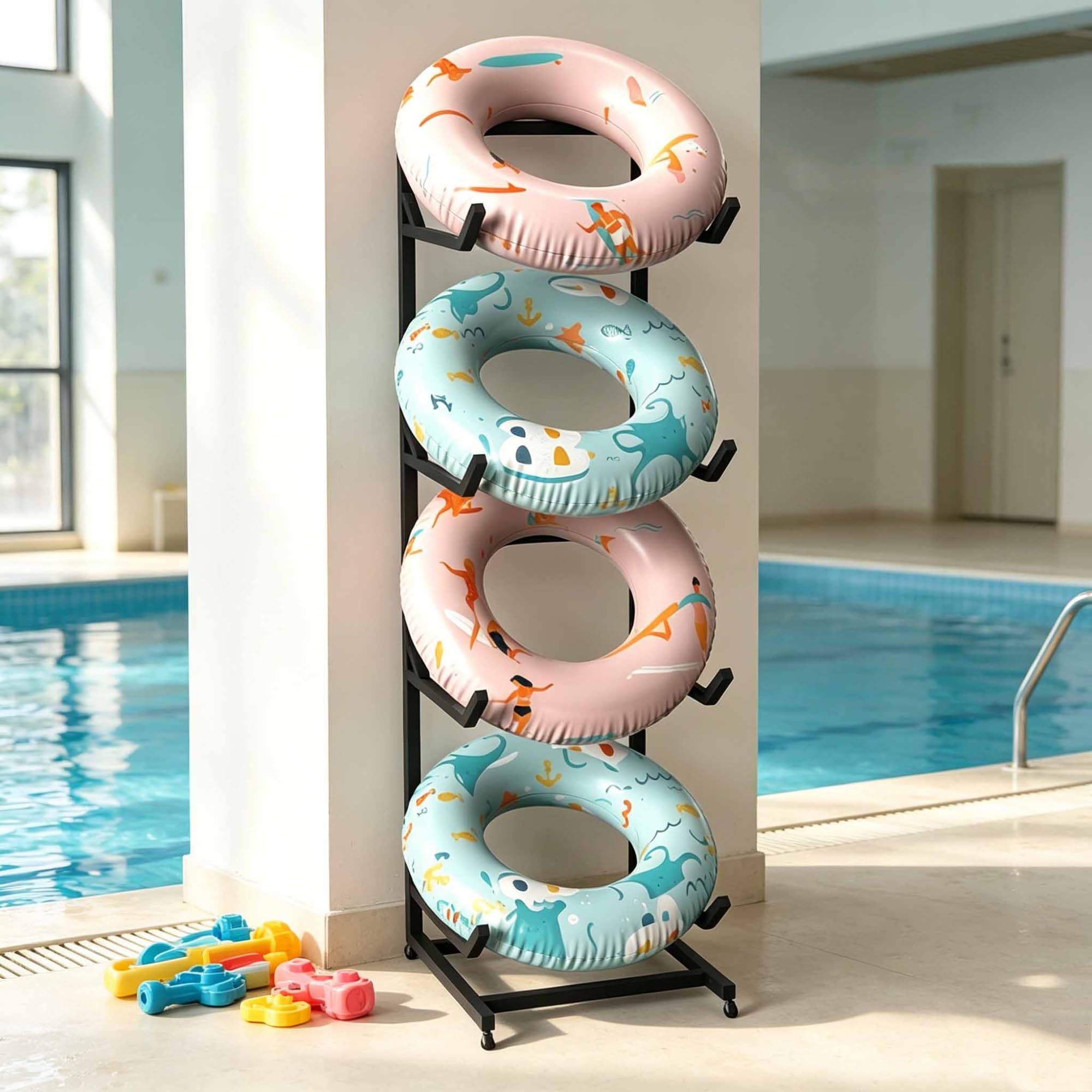 Organizer per galleggianti da piscina con ruote, scaffale a 4 ripiani per galleggianti da piscina, organizer in metallo per paddleboard con 4 ruote per area piscina esterna (nero)