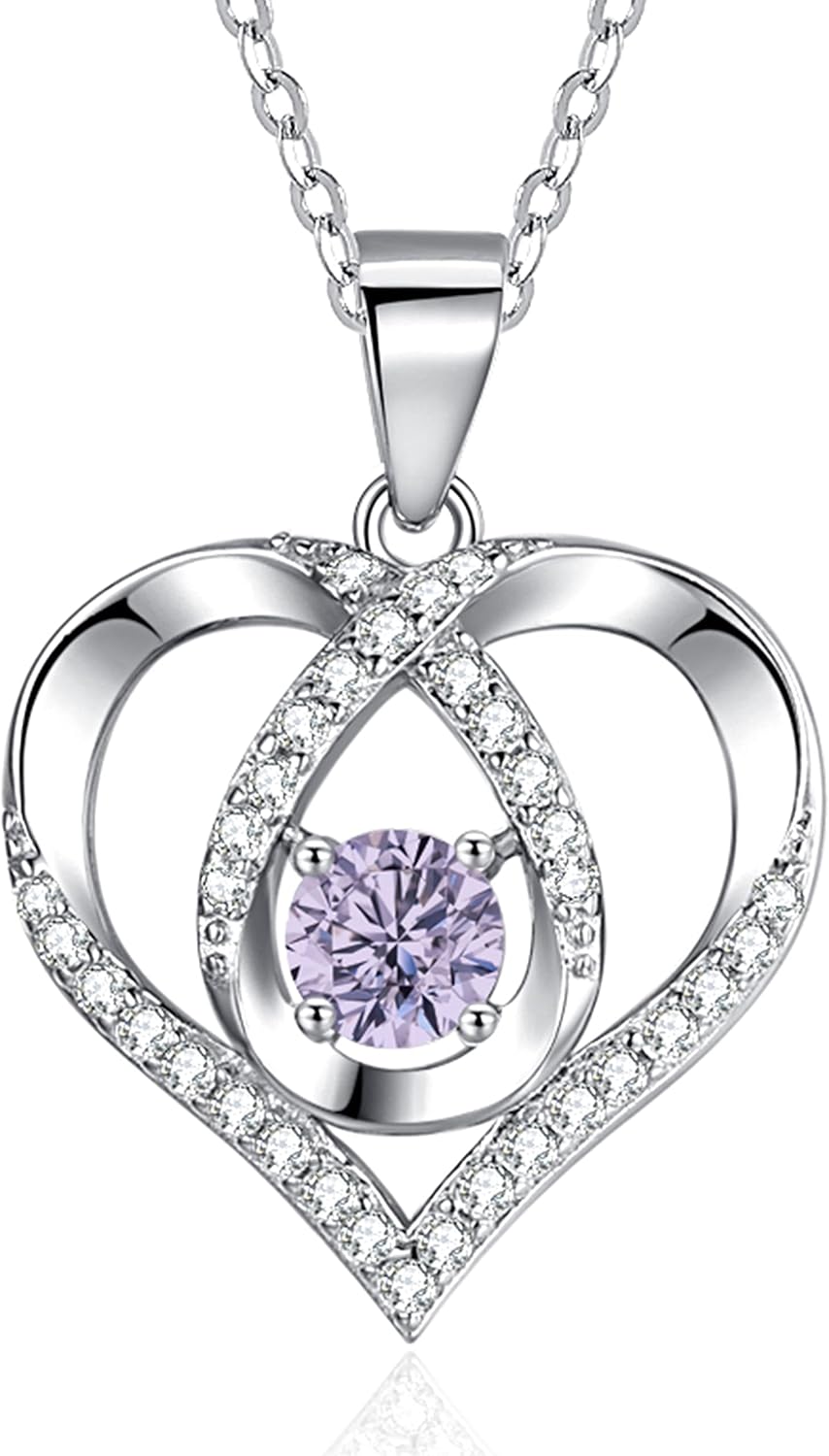 ITS4YEO 925 Sterling Silver Love Heart Birthstone Necklaces Silver Necklace Zircon Pendant Necklaces for Women Jewelry Gift for Women Wife Girls Her