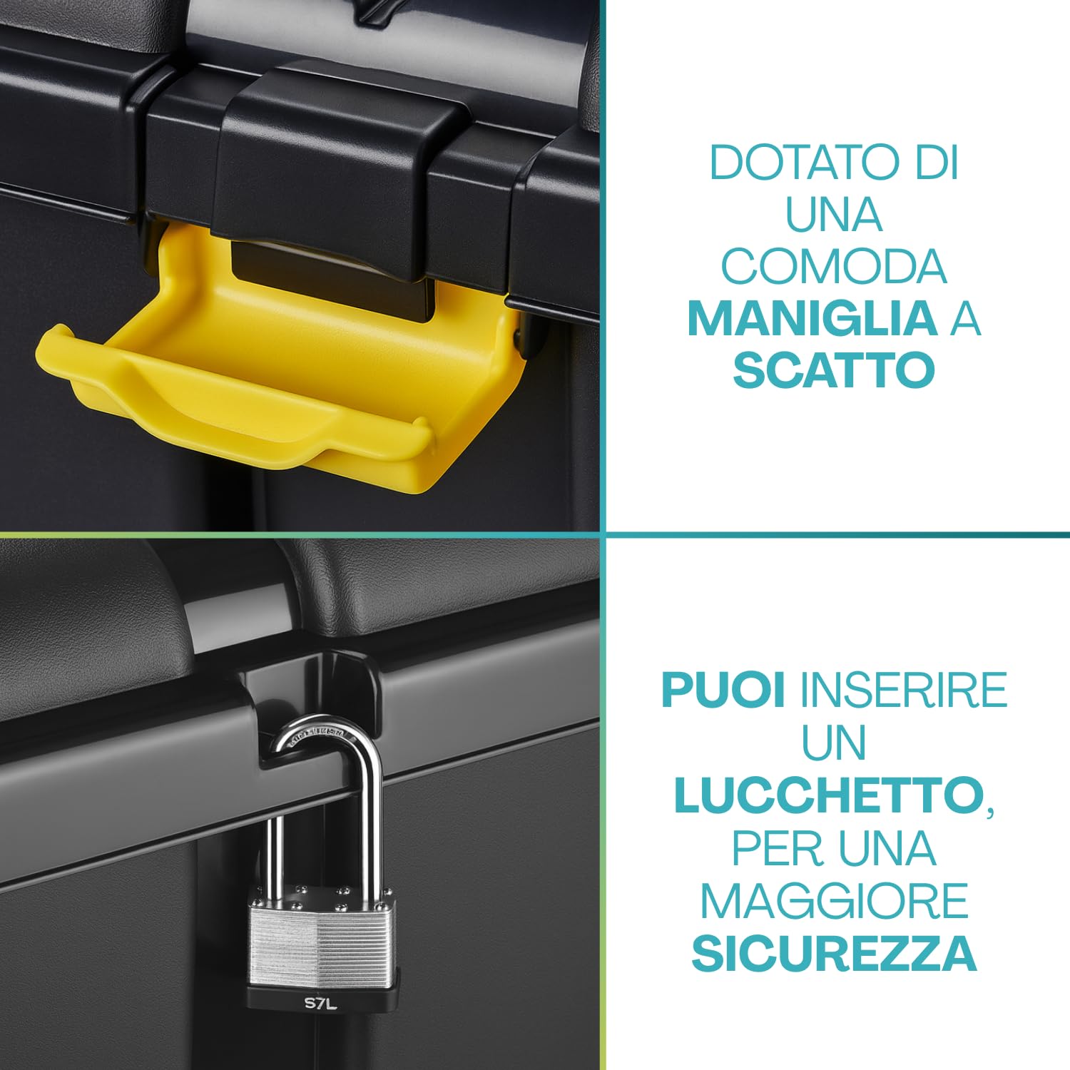 Paluplus Contenitore Box Attrezzi con Ruote, misura 79x52x52 cm e Capacità 150 Litri, Baule Nero con chiusura a Scatto, Box portautensili con coperchio, Organizer Utensili, Fai da Te -5940F-6,9